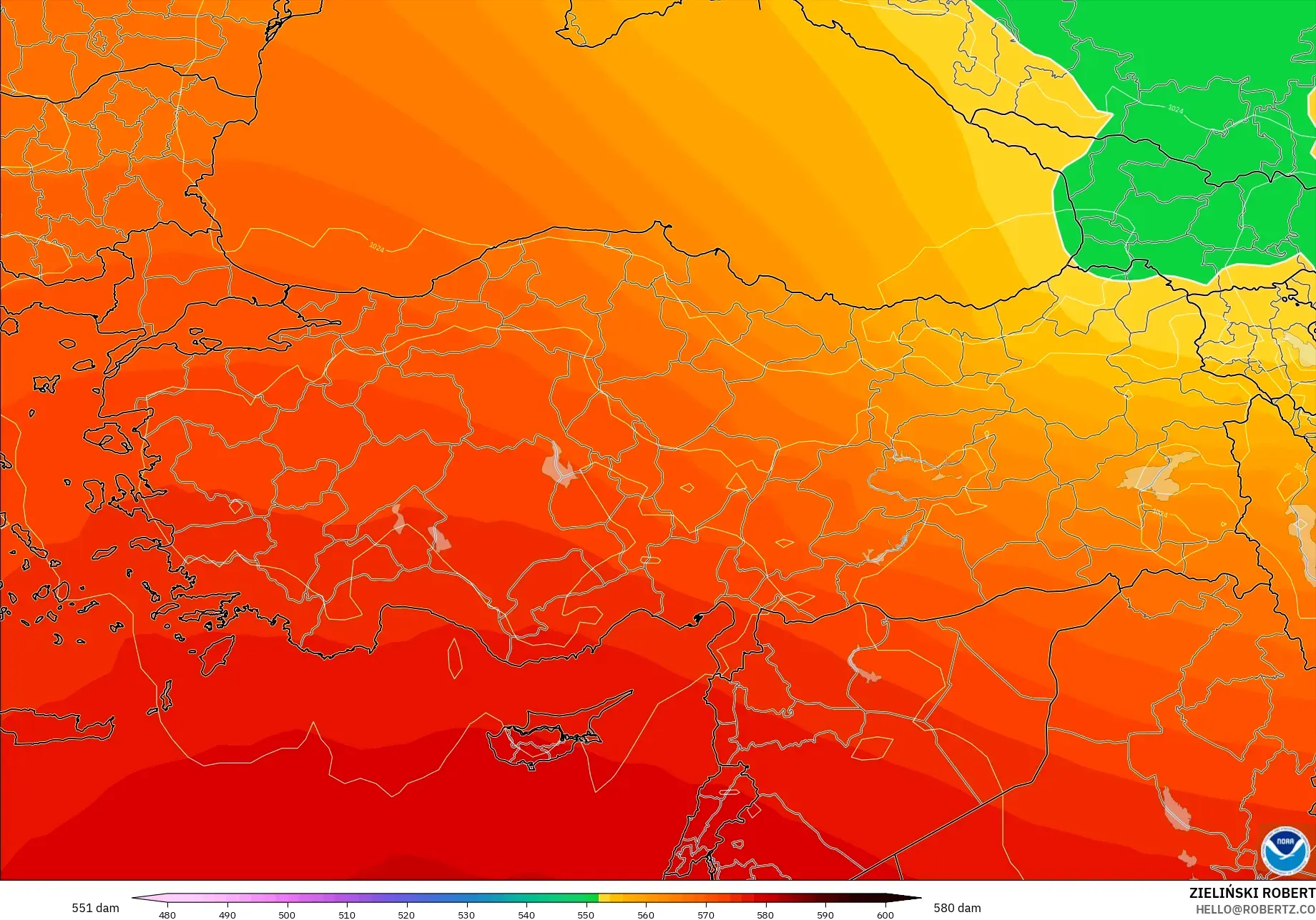 GFS modelo - Turquía, Altura geopotencial a 500 hPa