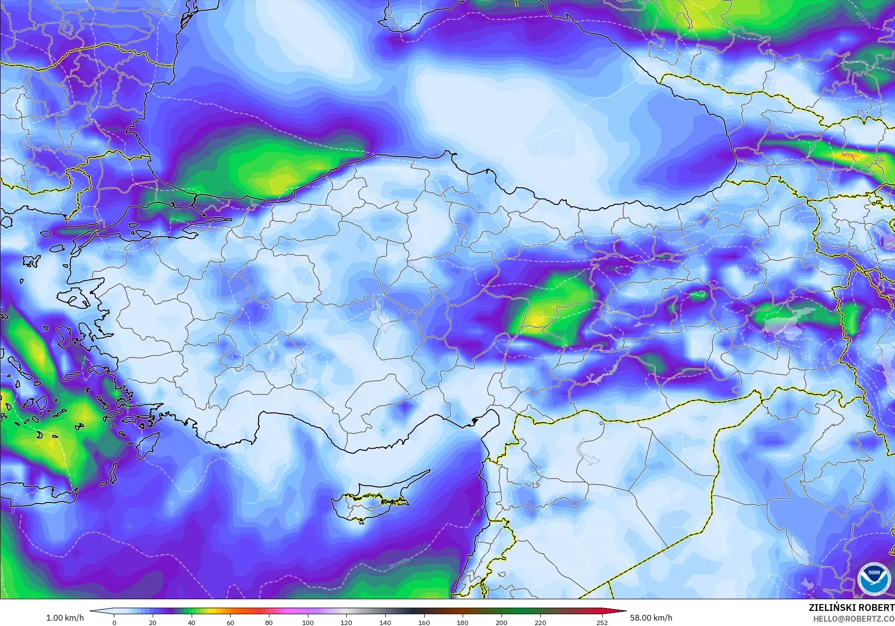 GFS modelo - Turquía, Ráfagas de viento