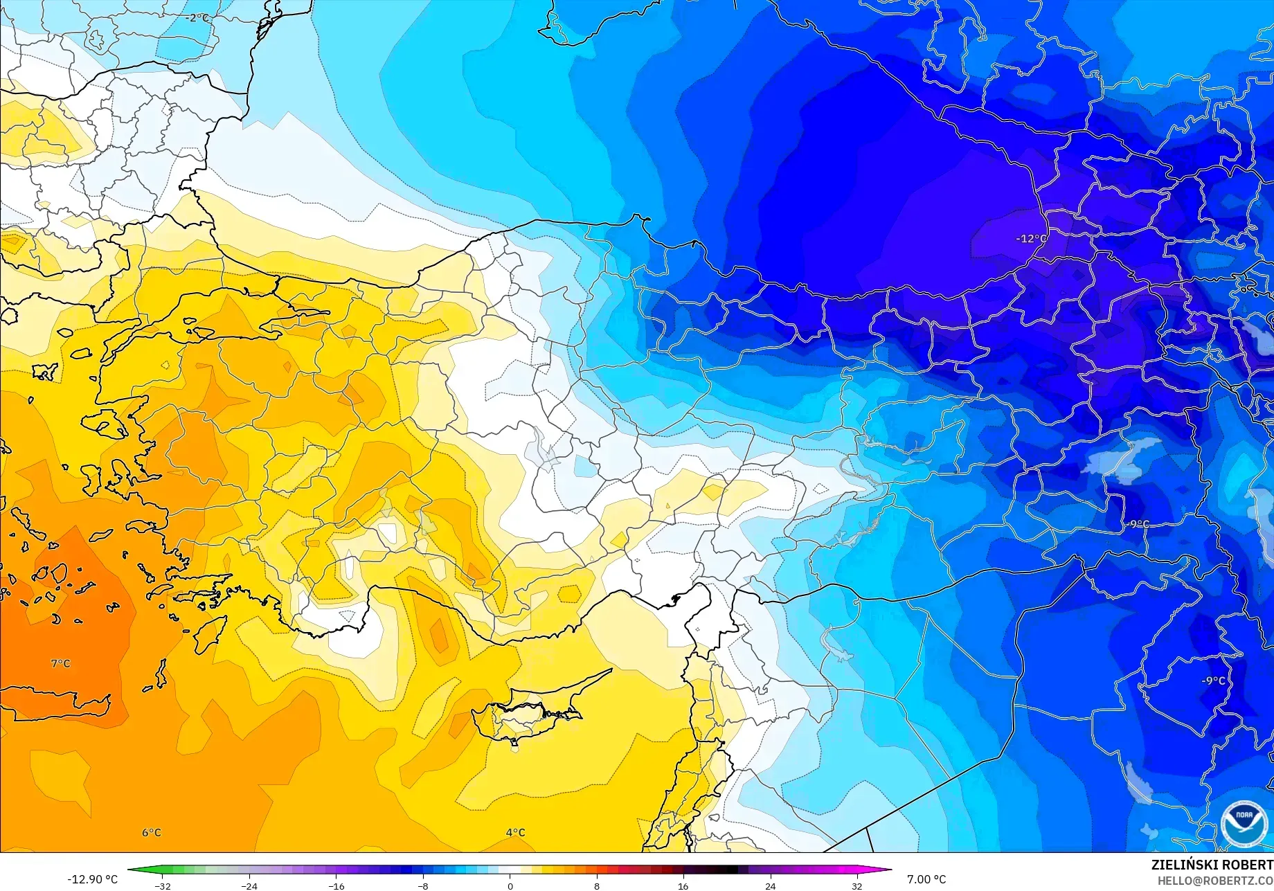 GFS modelo - Turquía, Anomalía de temperatura a 850 hPa