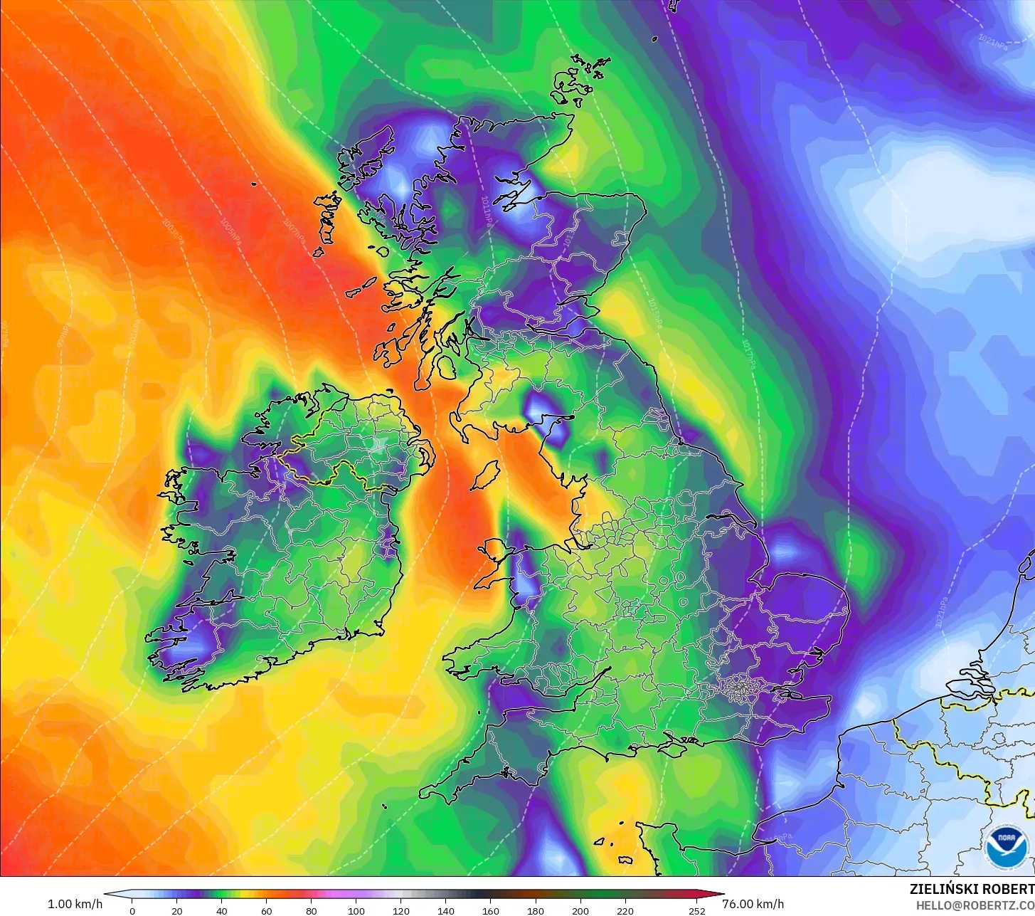 GFS modelo - Reino Unido, Ráfagas de viento