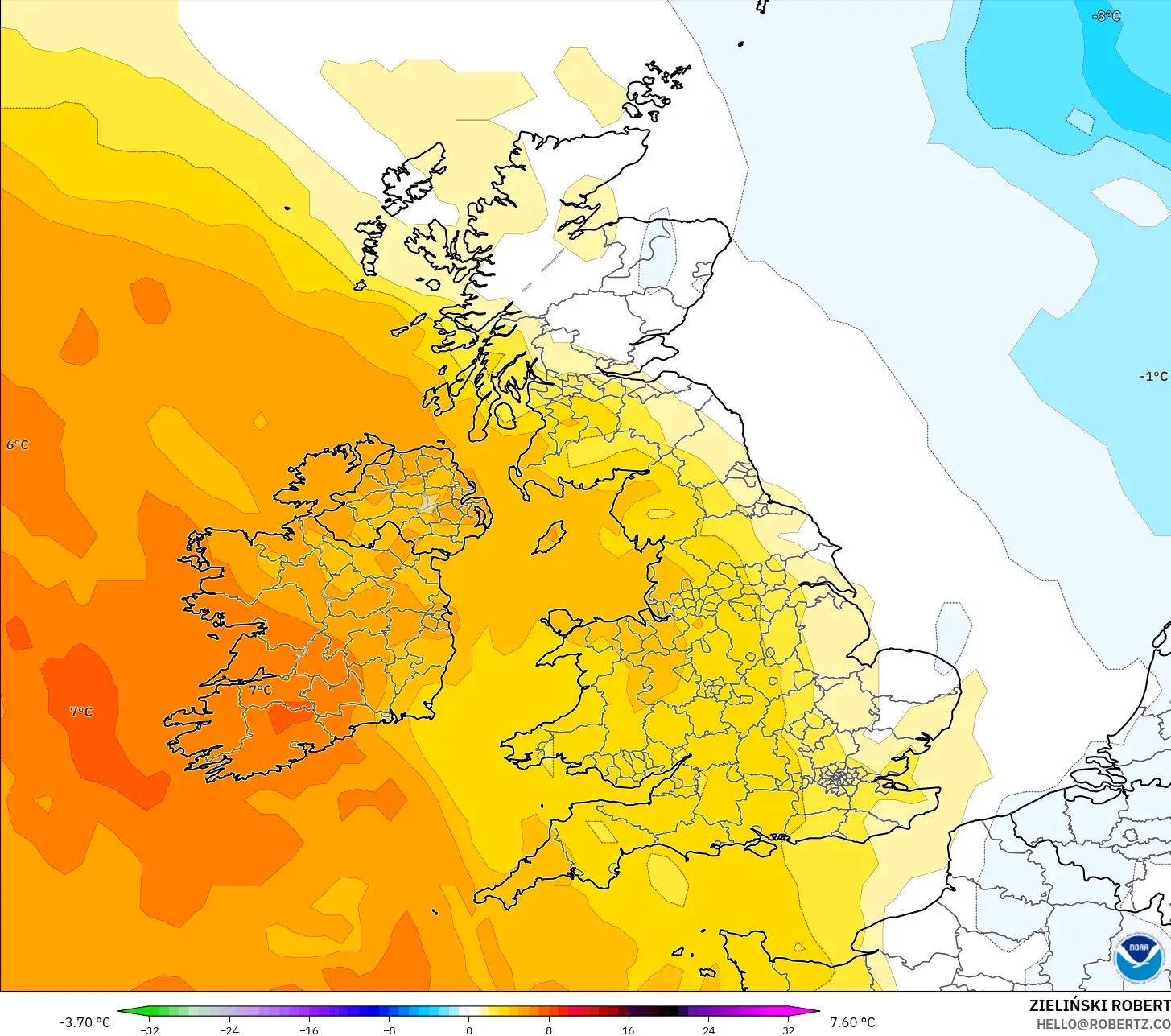 GFS modelo - Reino Unido, Anomalía de temperatura a 850 hPa