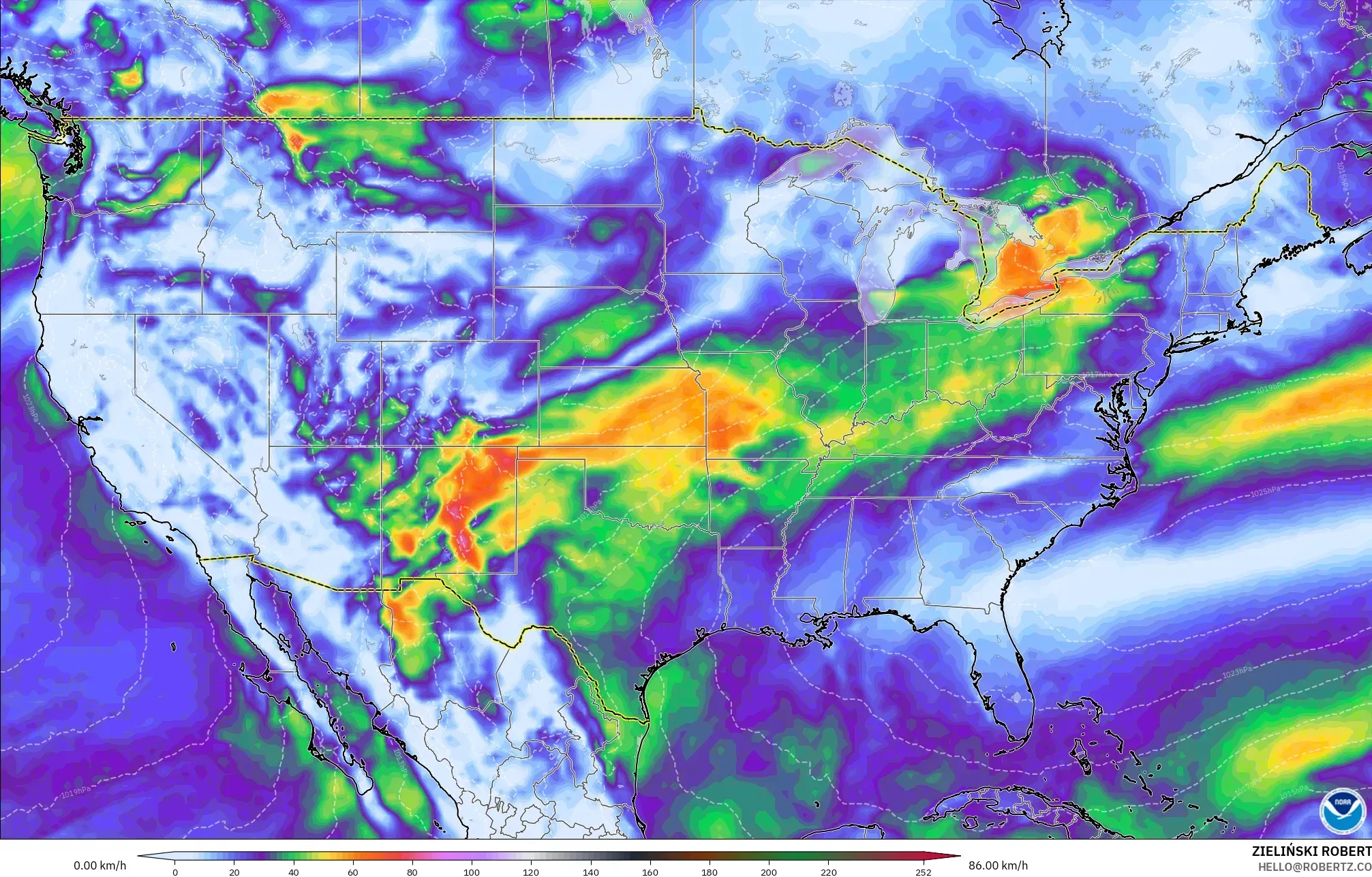 GFS modelo - Estados Unidos, Ráfagas de viento