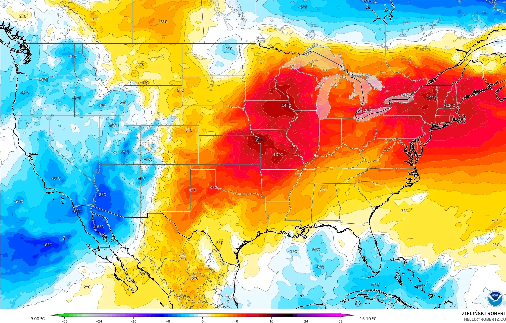GFS modelo - Estados Unidos, Anomalía de temperatura a 850 hPa
