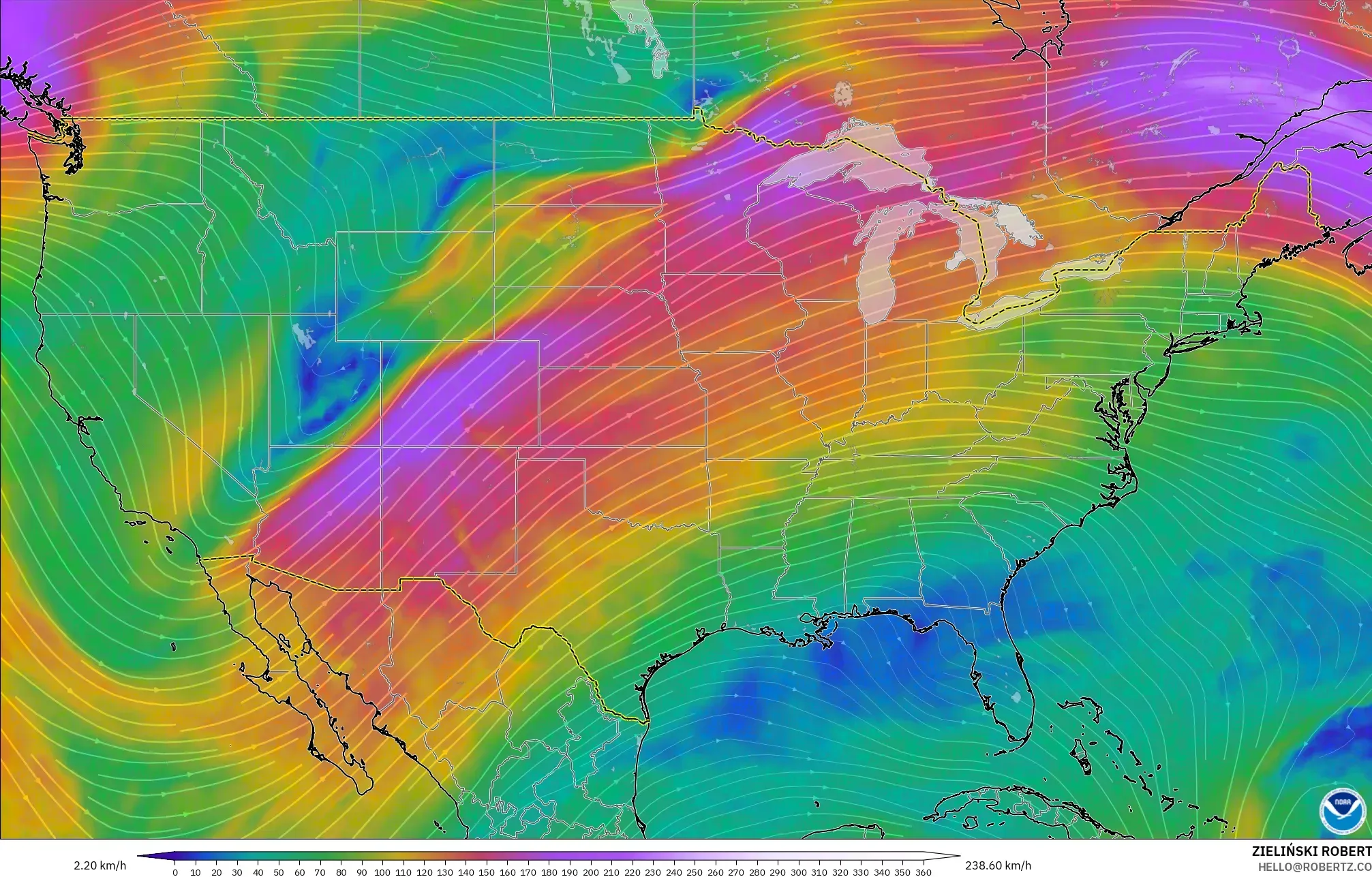 GFS modelo - Estados Unidos, Viento a 300 hPa (corriente en chorro)