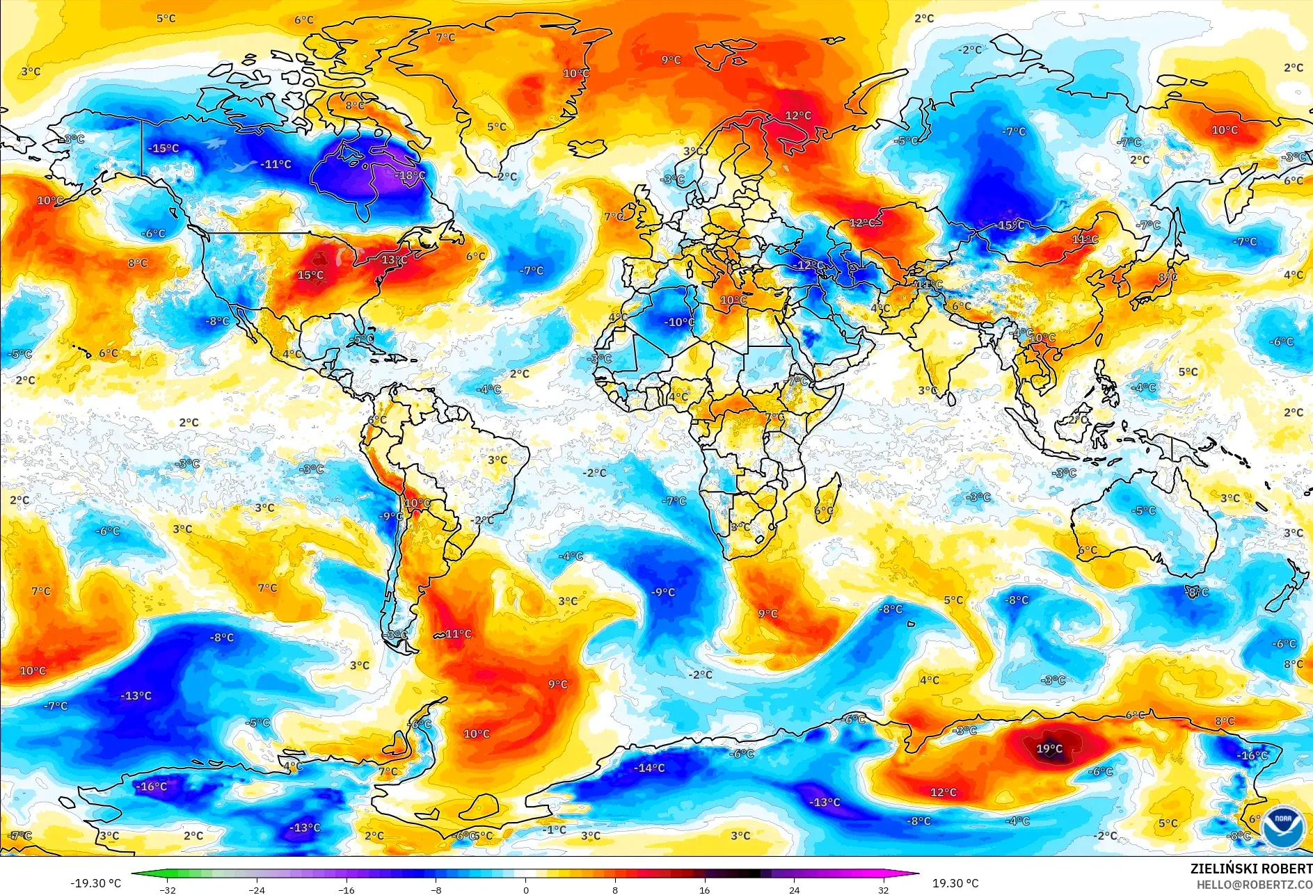GFS modelo - Mundo, Anomalía de temperatura a 850 hPa