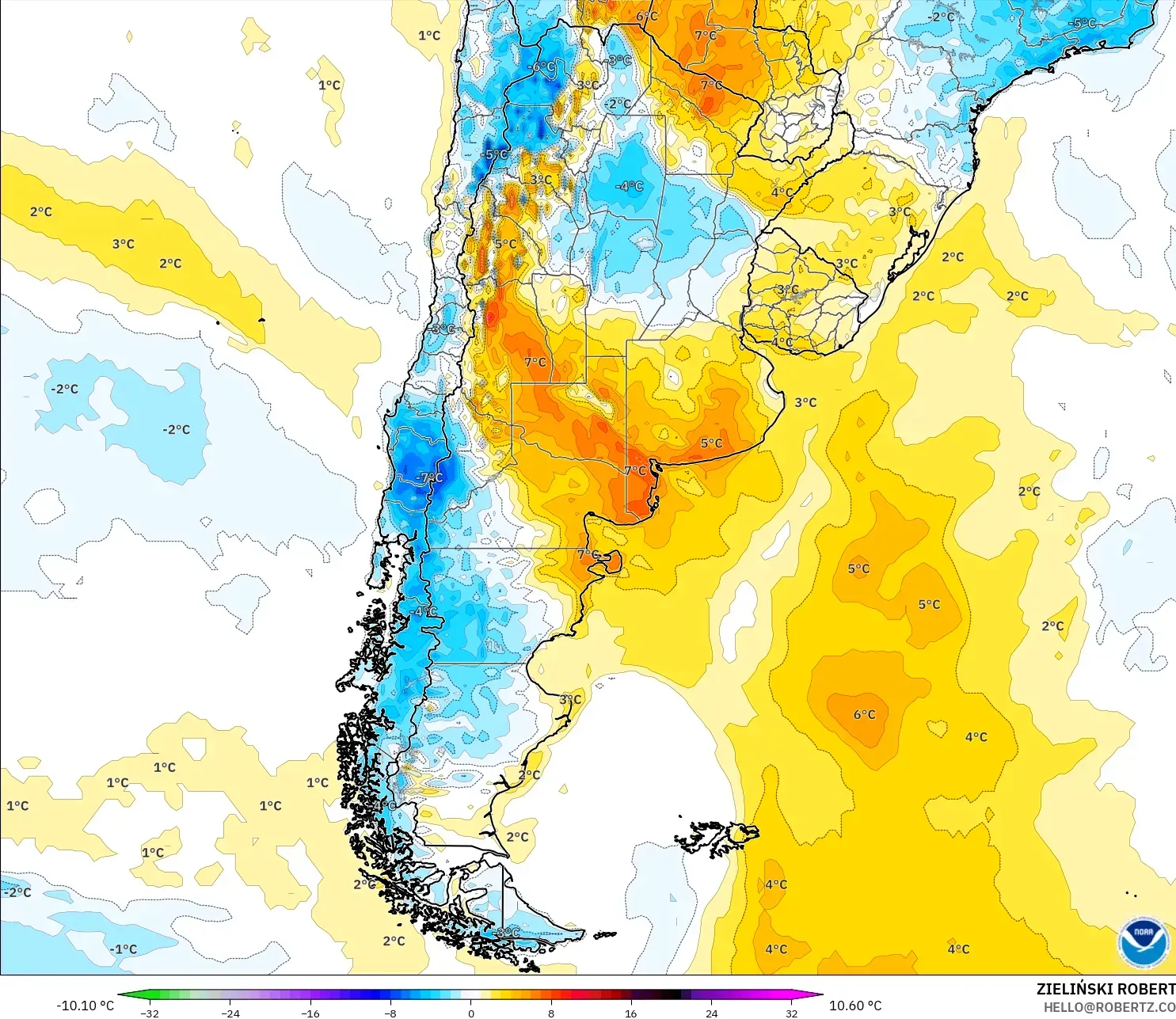 GFS modelo - Argentina, Anomalía de temperatura a 2 m