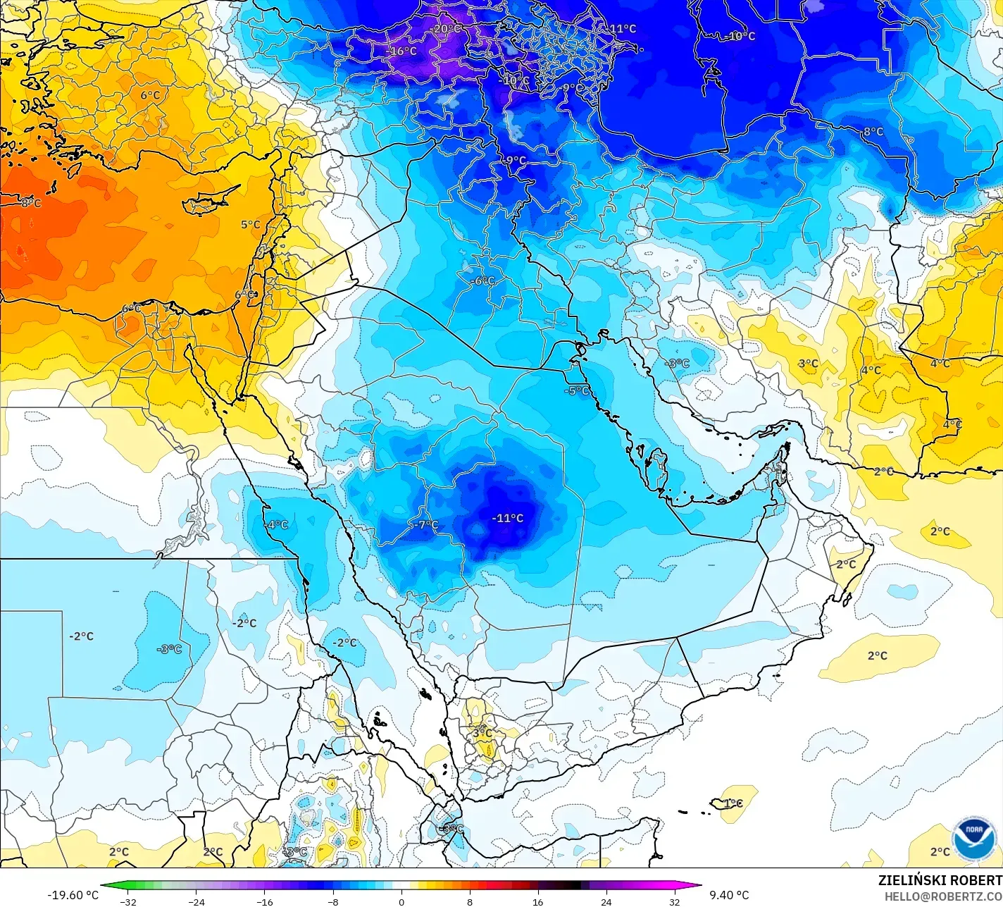 GFS modelo - Oriente Medio, Anomalía de temperatura a 850 hPa