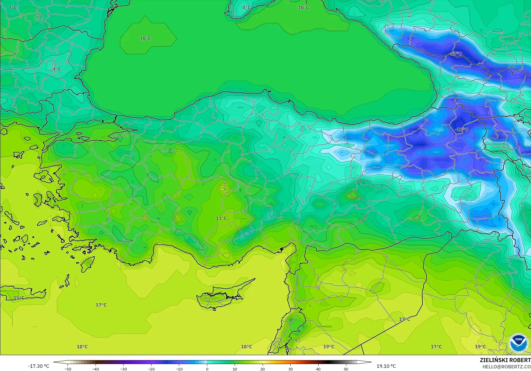 GFS modelo - Turquía, Temperatura a 2 m
