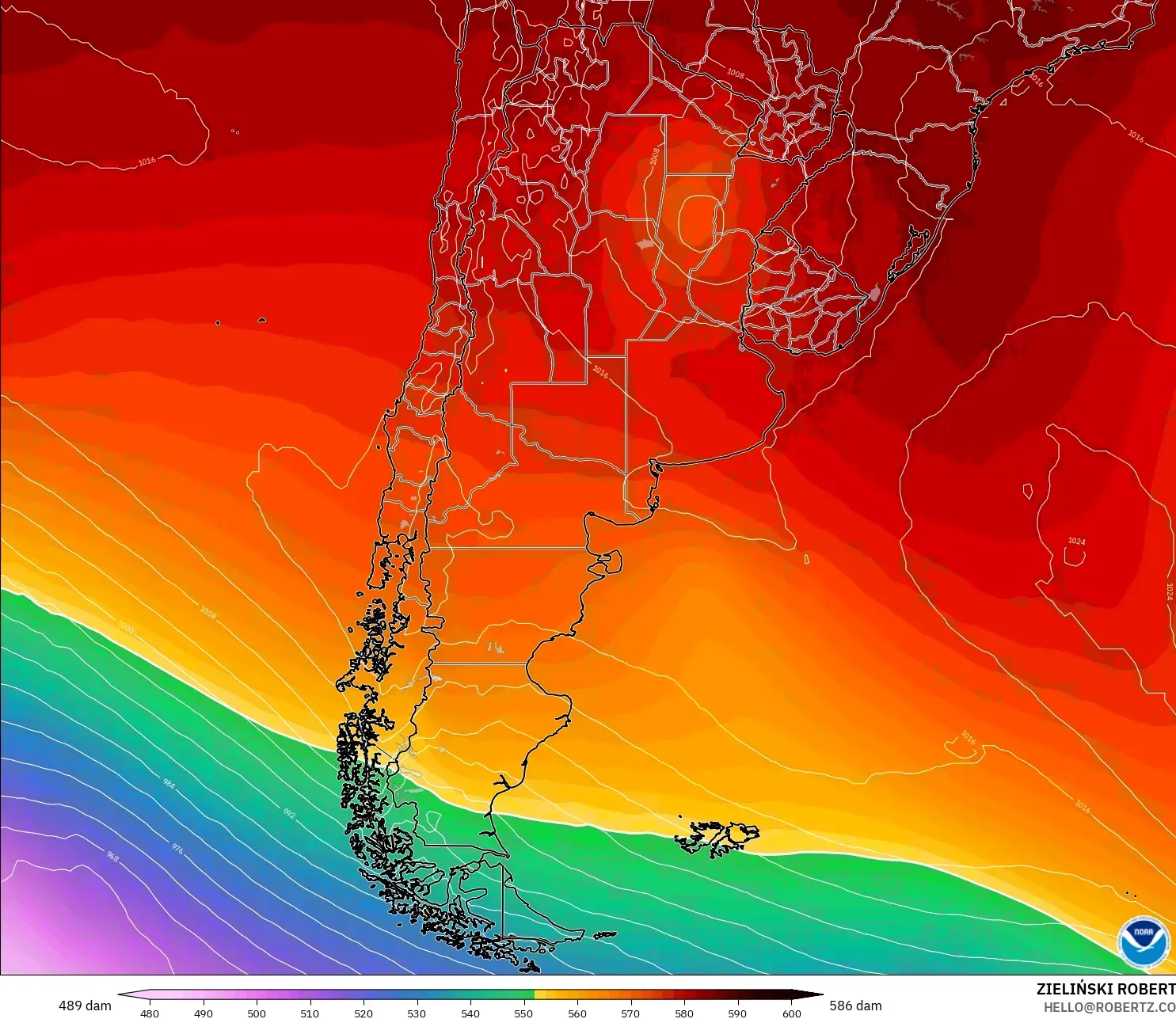 GFS modelo - Argentina, Altura geopotencial a 500 hPa