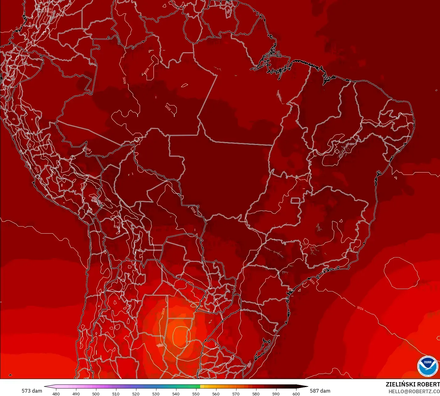 GFS modelo - Brasil, Altura geopotencial a 500 hPa