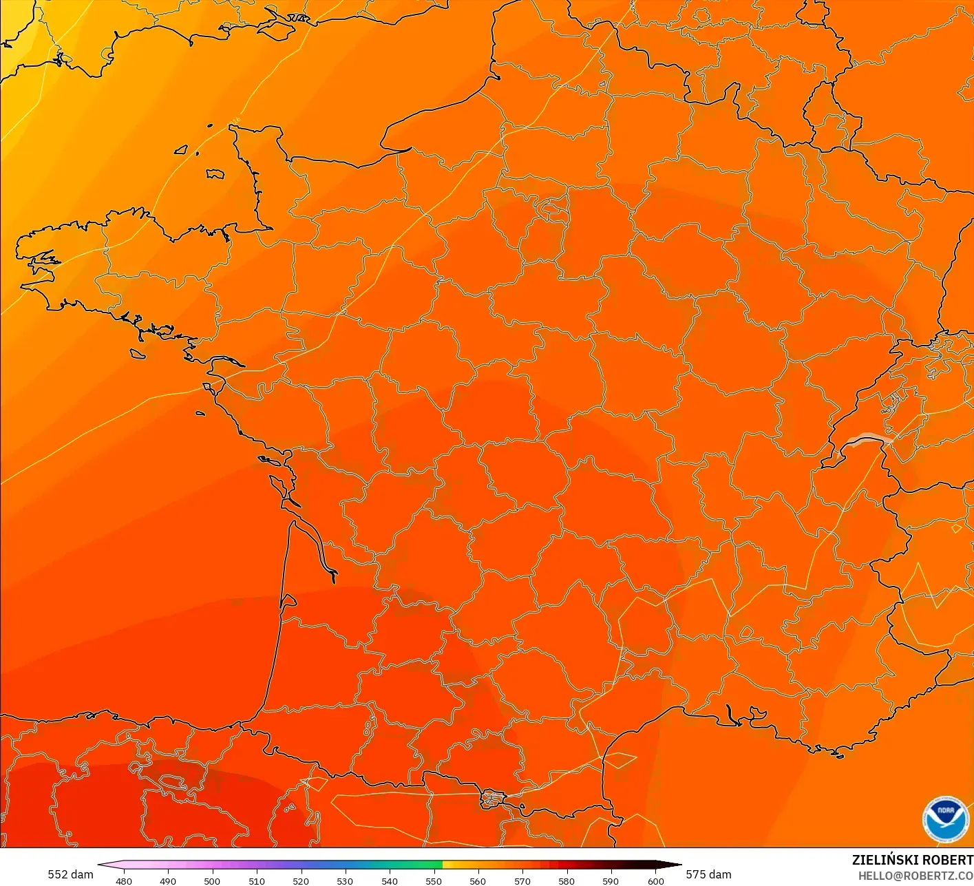 GFS modelo - Francia, Altura geopotencial a 500 hPa