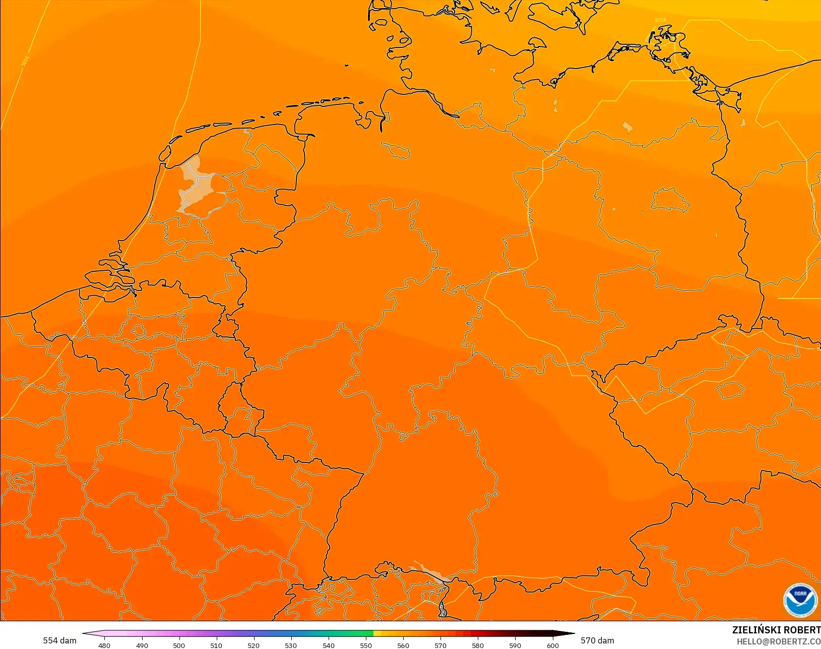 GFS modelo - Alemania, Altura geopotencial a 500 hPa