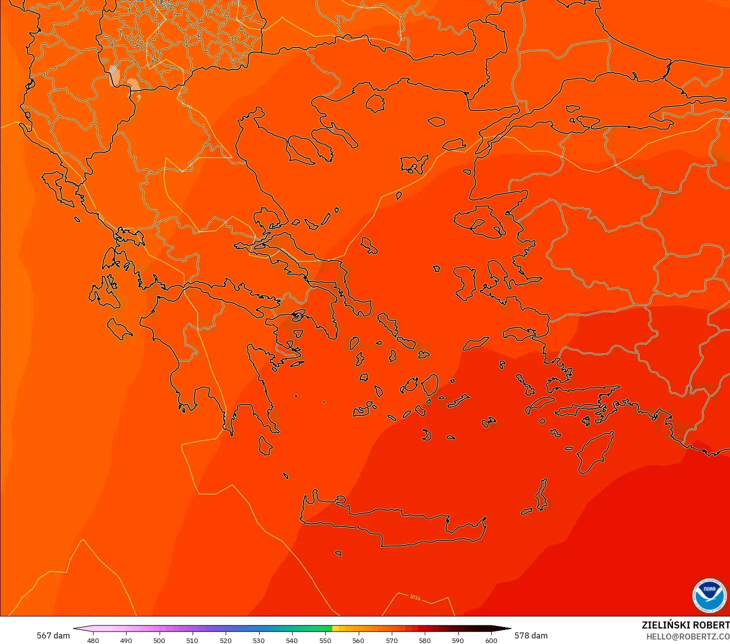 GFS modelo - Grecia, Altura geopotencial a 500 hPa