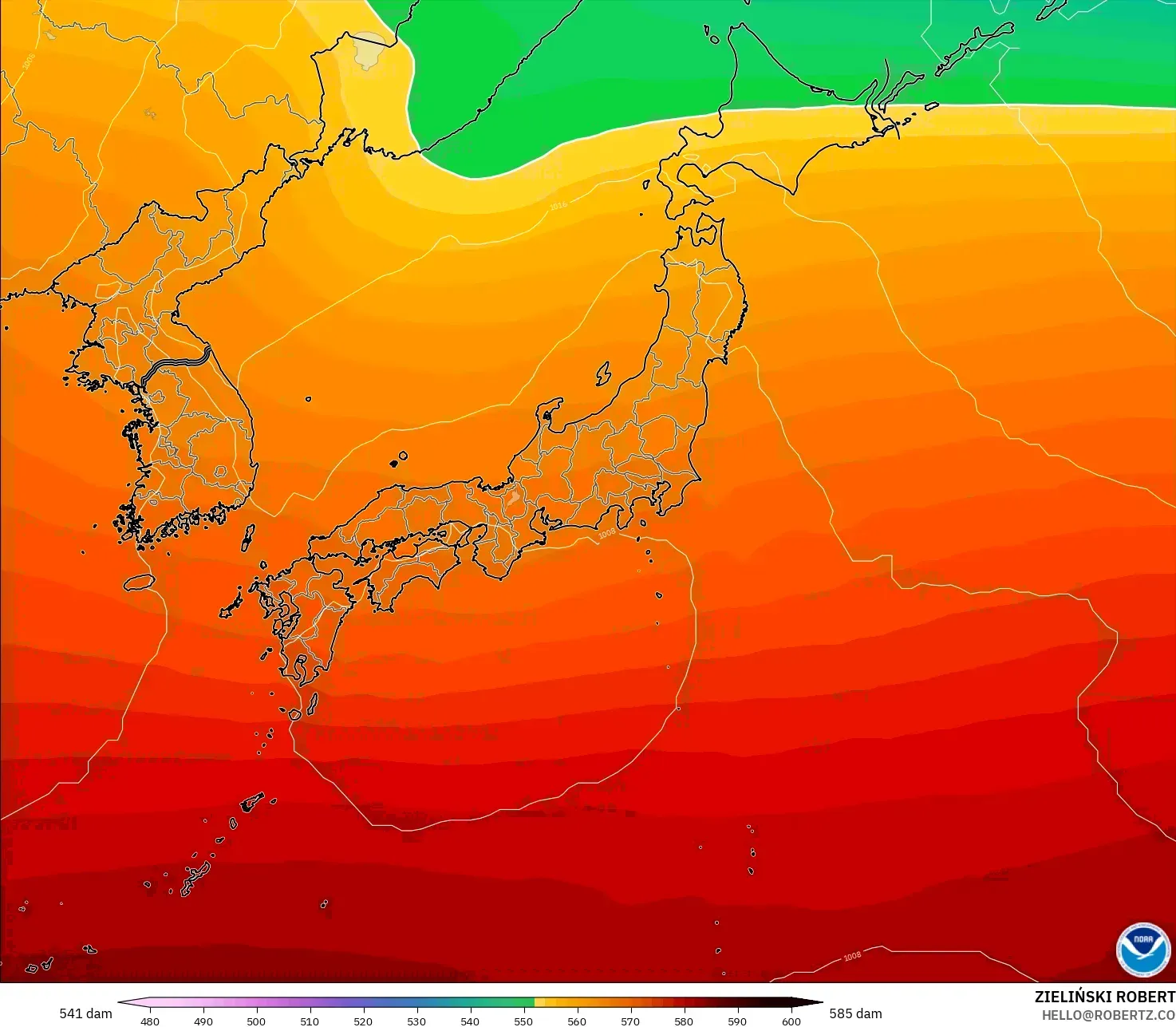 GFS modelo - Japón, Altura geopotencial a 500 hPa