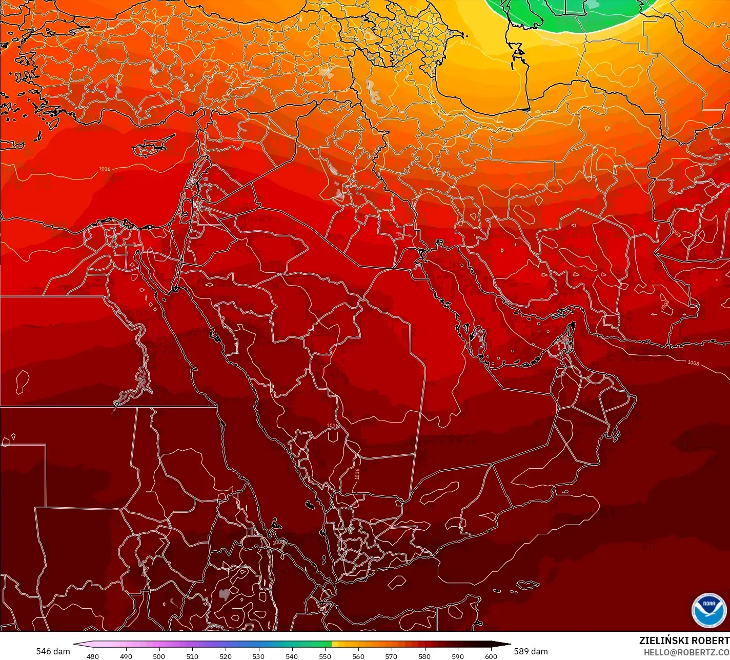 GFS modelo - Oriente Medio, Altura geopotencial a 500 hPa