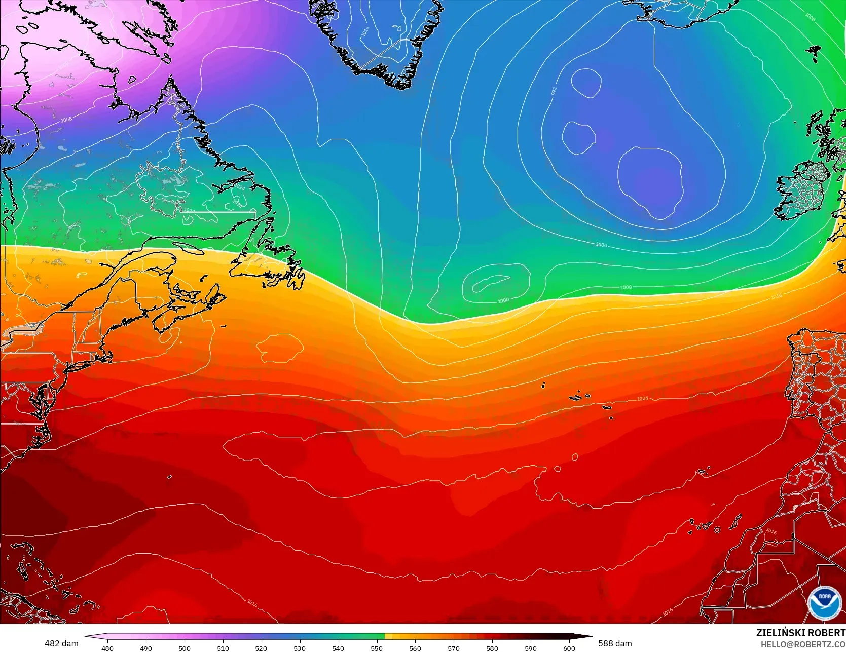 GFS modelo - Norte Atlántico, Altura geopotencial a 500 hPa