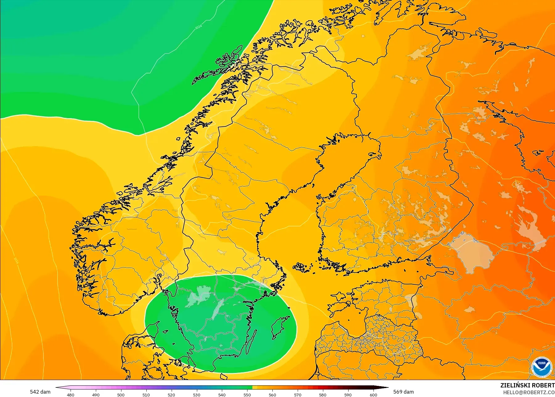 GFS modelo - Escandinavia, Altura geopotencial a 500 hPa