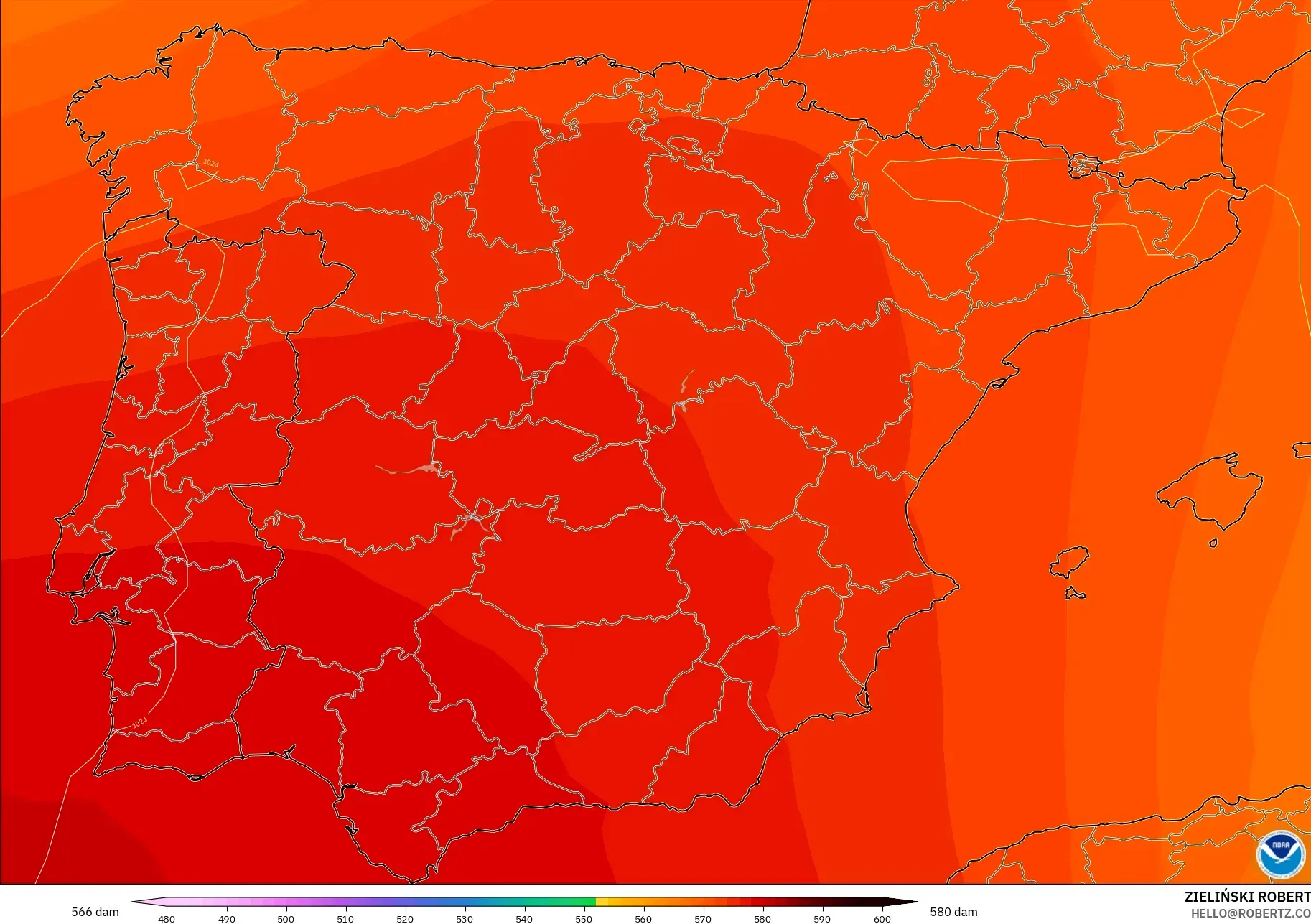 GFS modelo - España, Altura geopotencial a 500 hPa