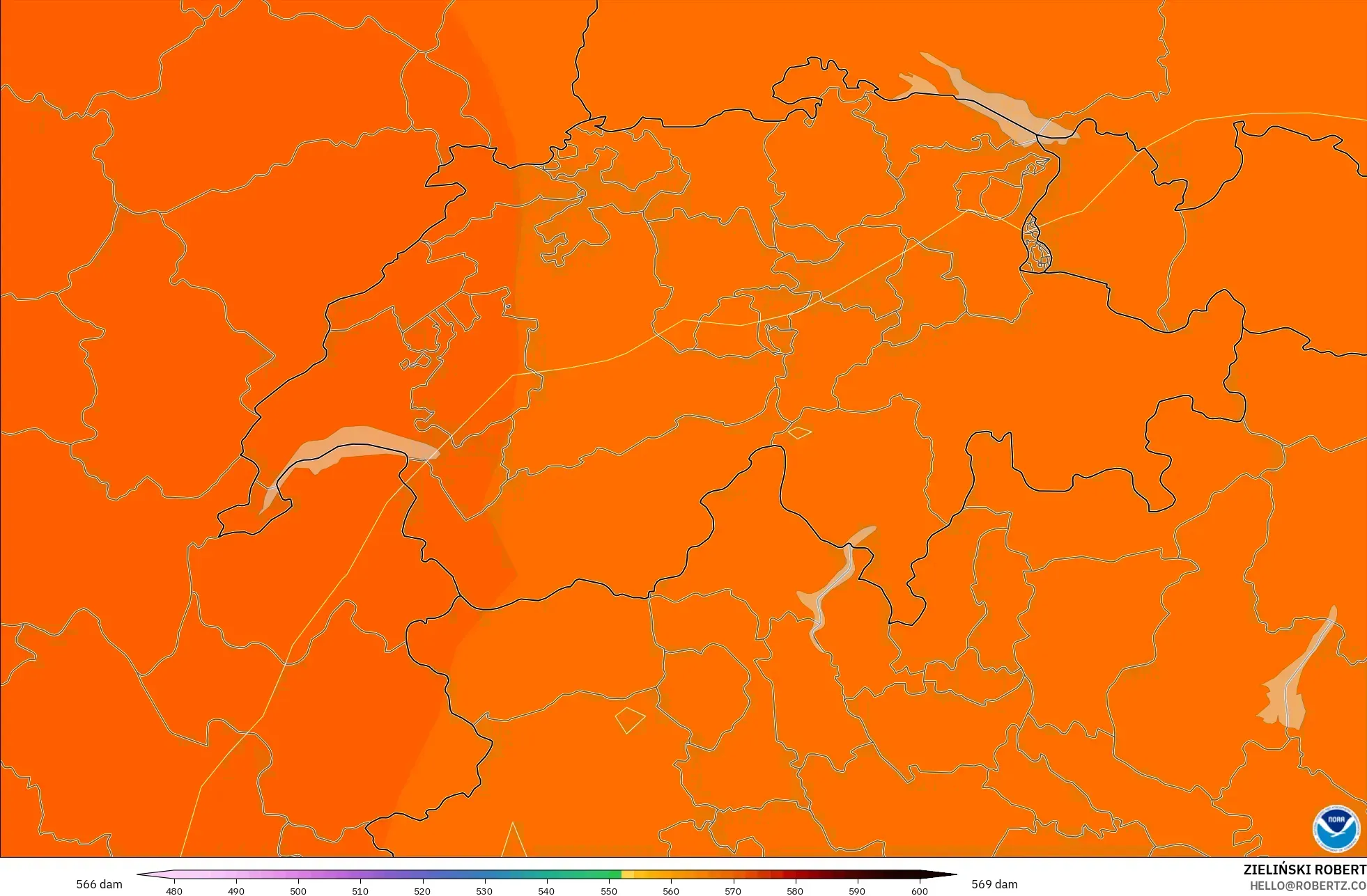 GFS modelo - Suiza, Altura geopotencial a 500 hPa