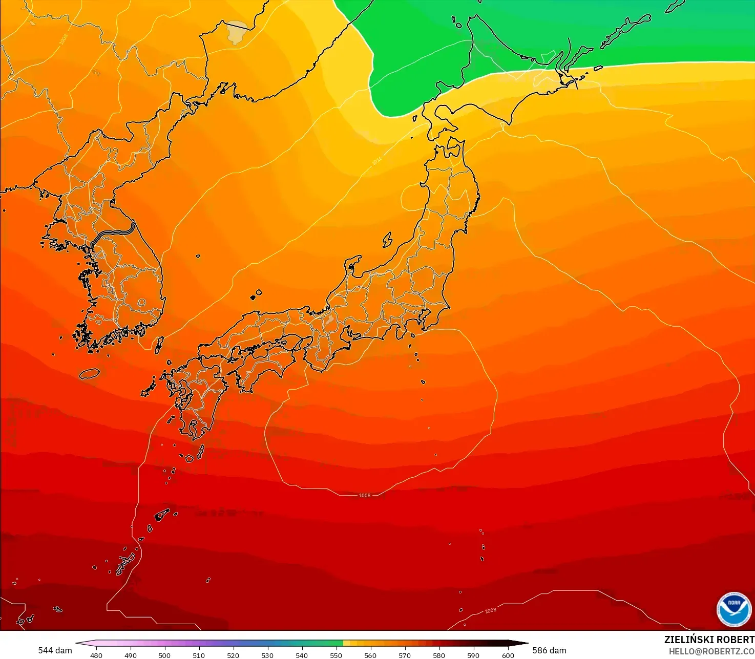 GFS modelo - Japón, Altura geopotencial a 500 hPa