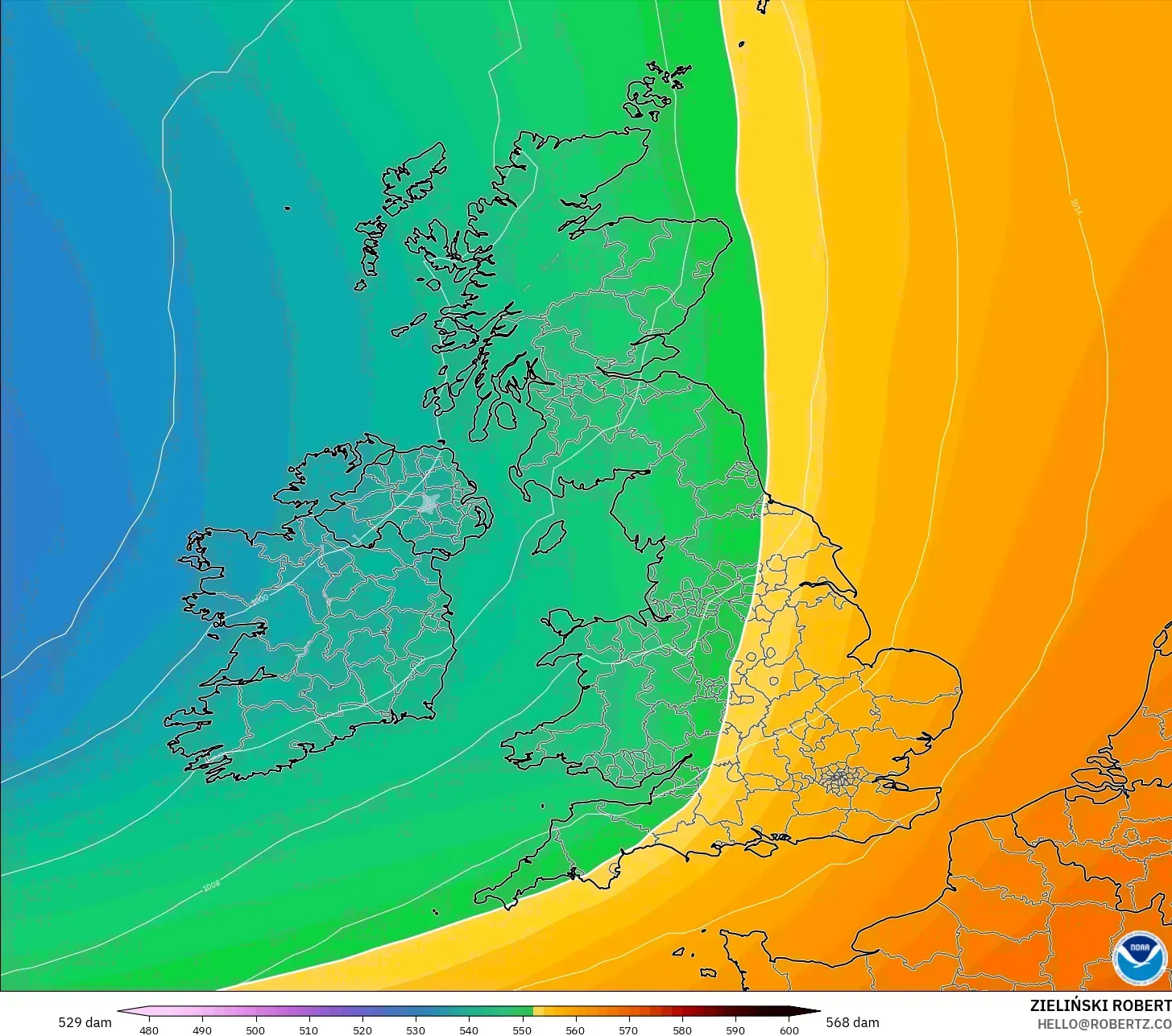 GFS modelo - Reino Unido, Altura geopotencial a 500 hPa