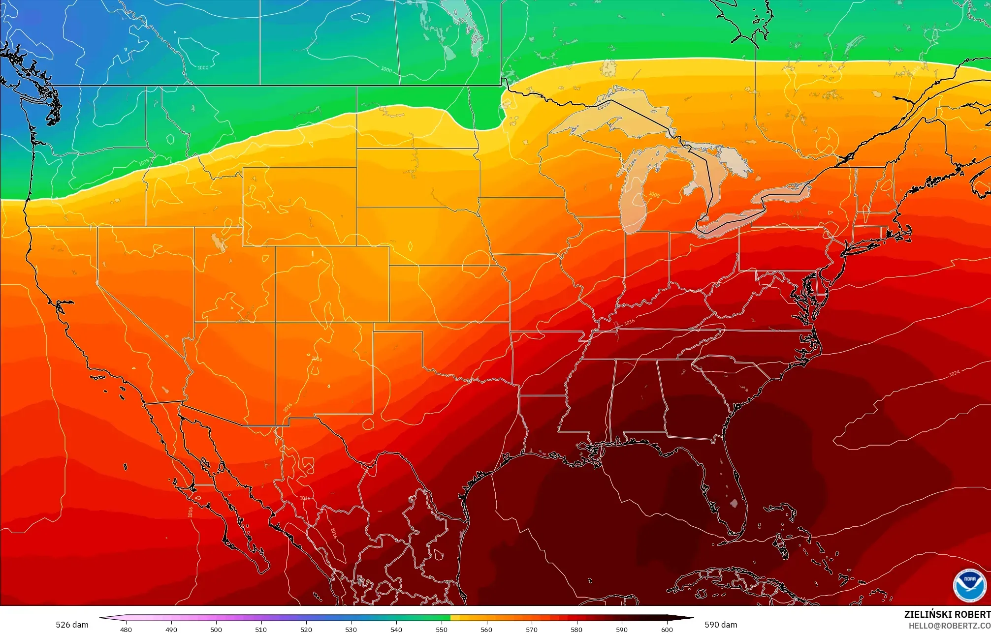 GFS modelo - Estados Unidos, Altura geopotencial a 500 hPa