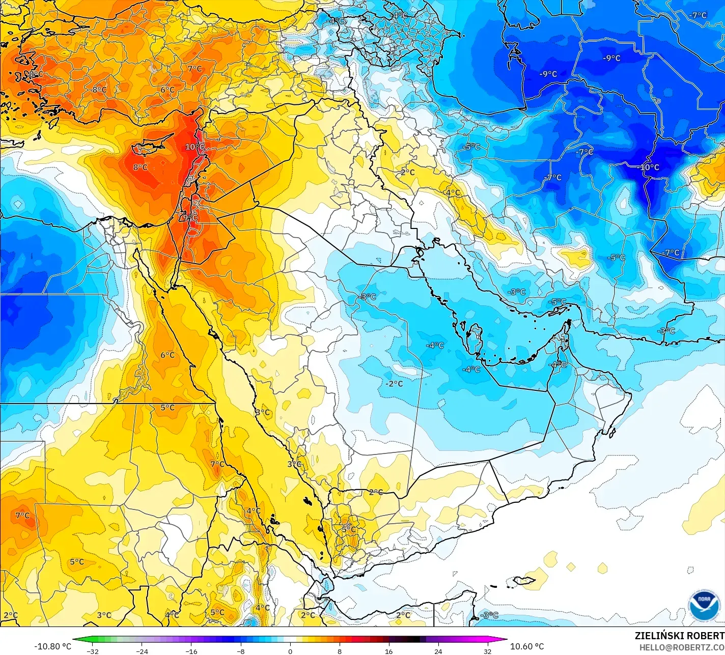 GFS modelo - Oriente Medio, Anomalía de temperatura a 850 hPa
