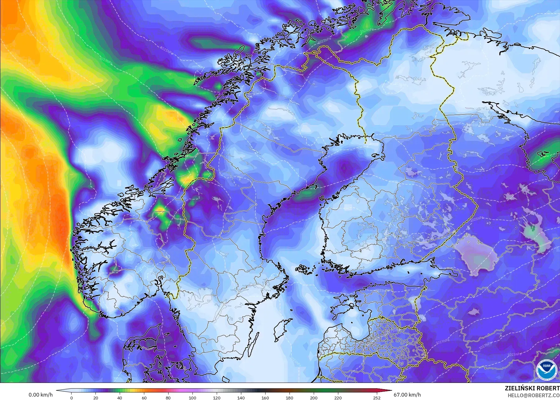 GFS modelo - Escandinavia, Ráfagas de viento