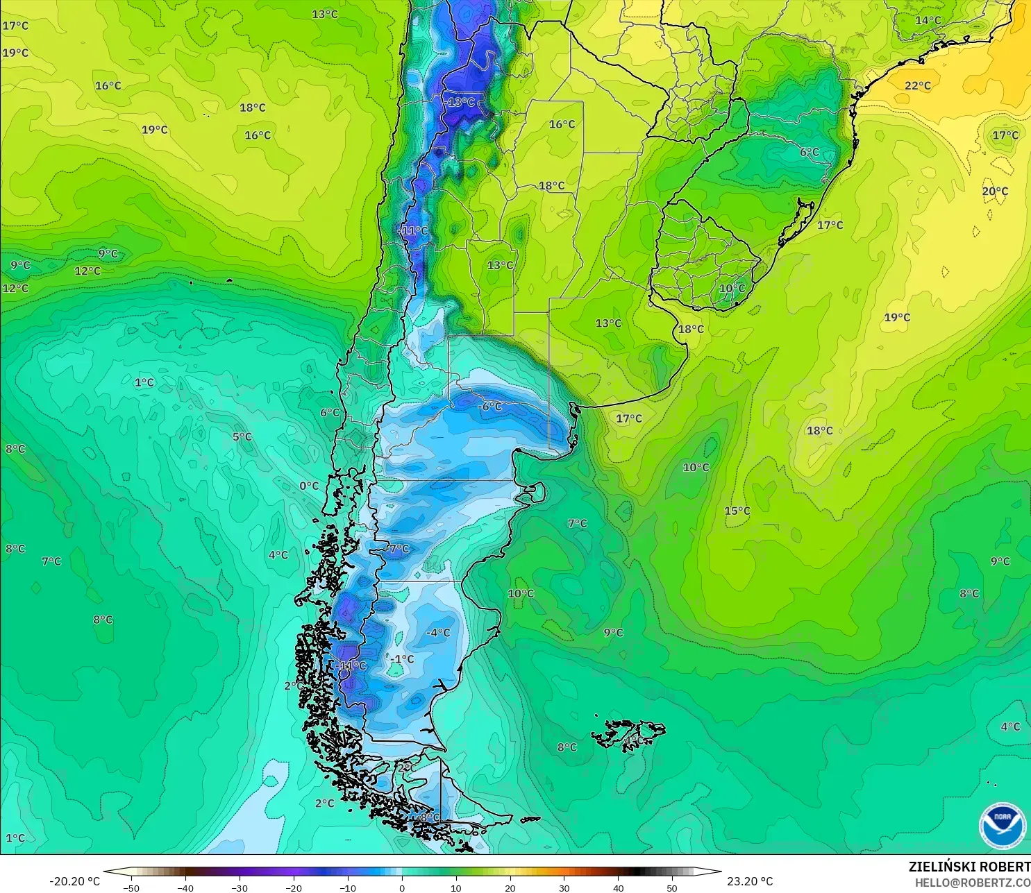 GFS modelo - Argentina, Punto de rocío a 2 m