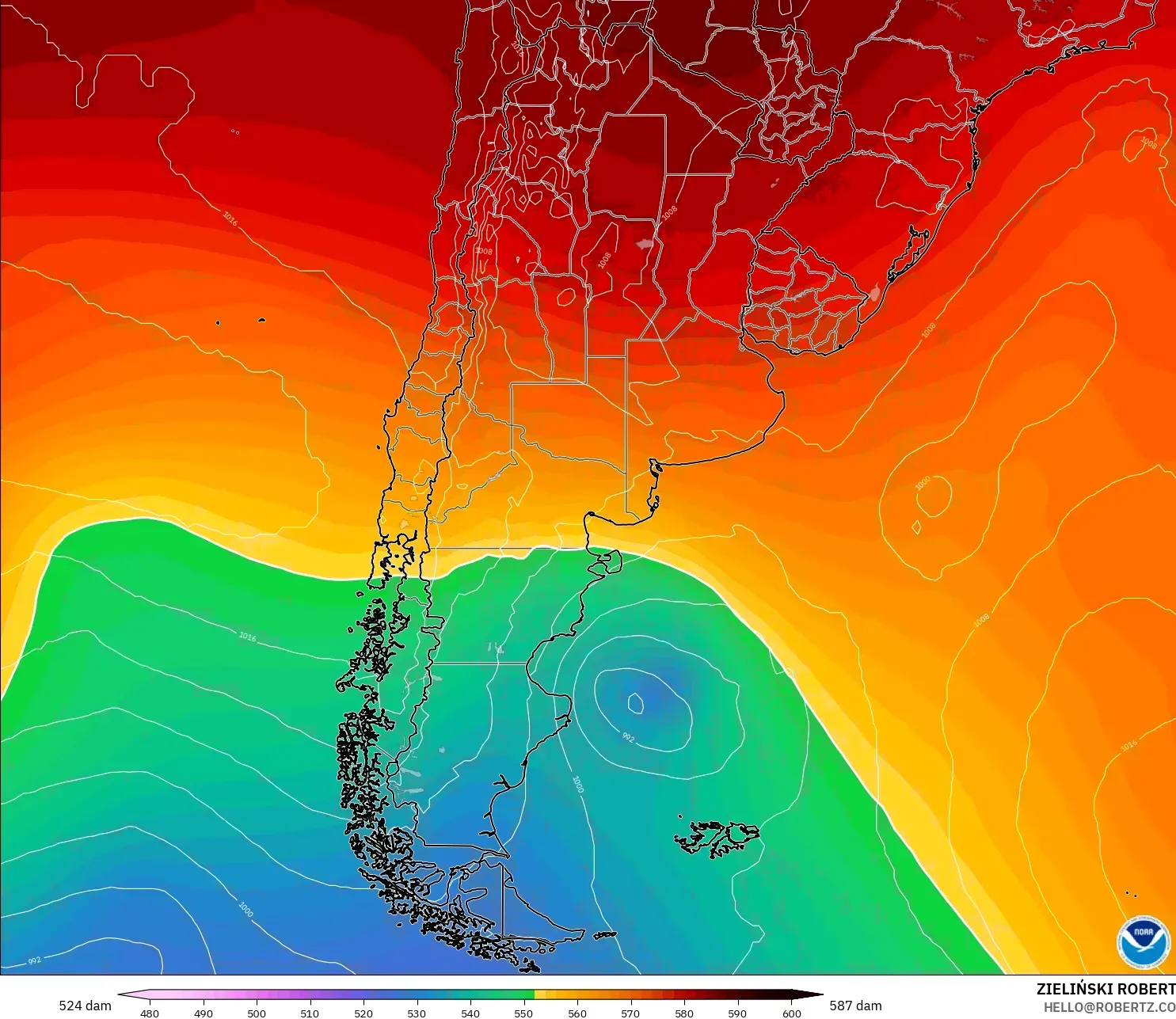 GFS modelo - Argentina, Altura geopotencial a 500 hPa
