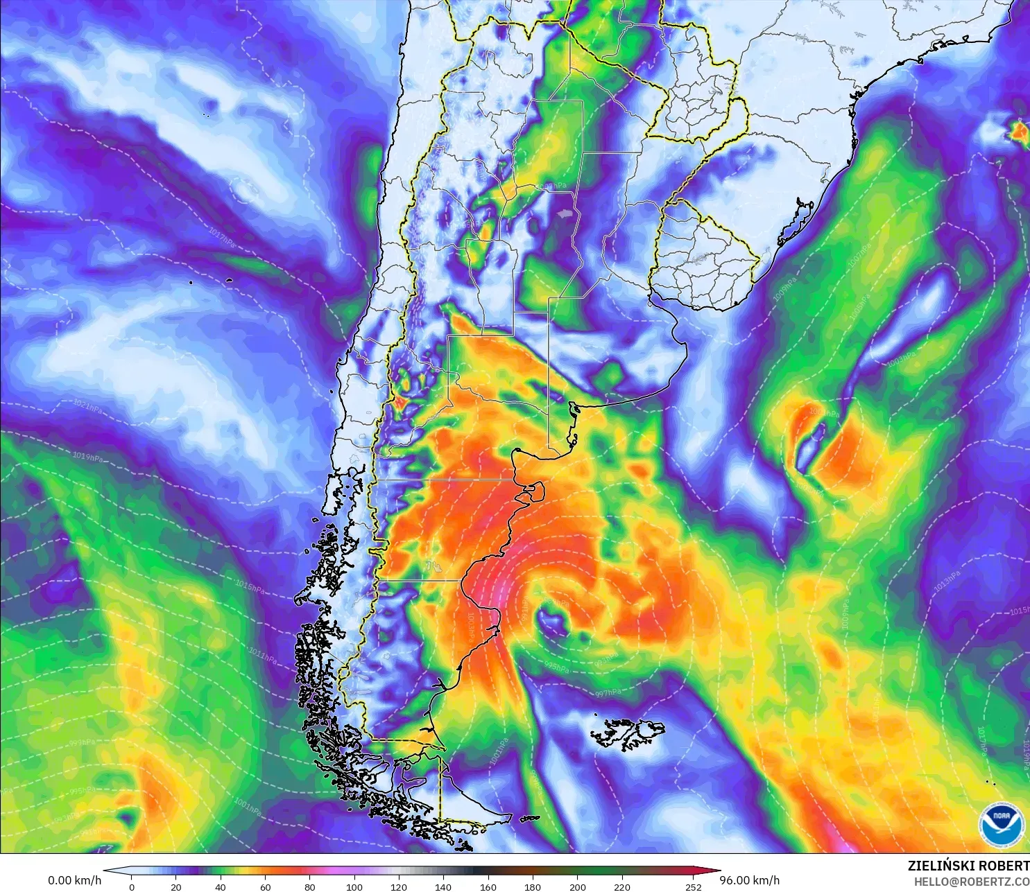 GFS modelo - Argentina, Ráfagas de Viento Máximas