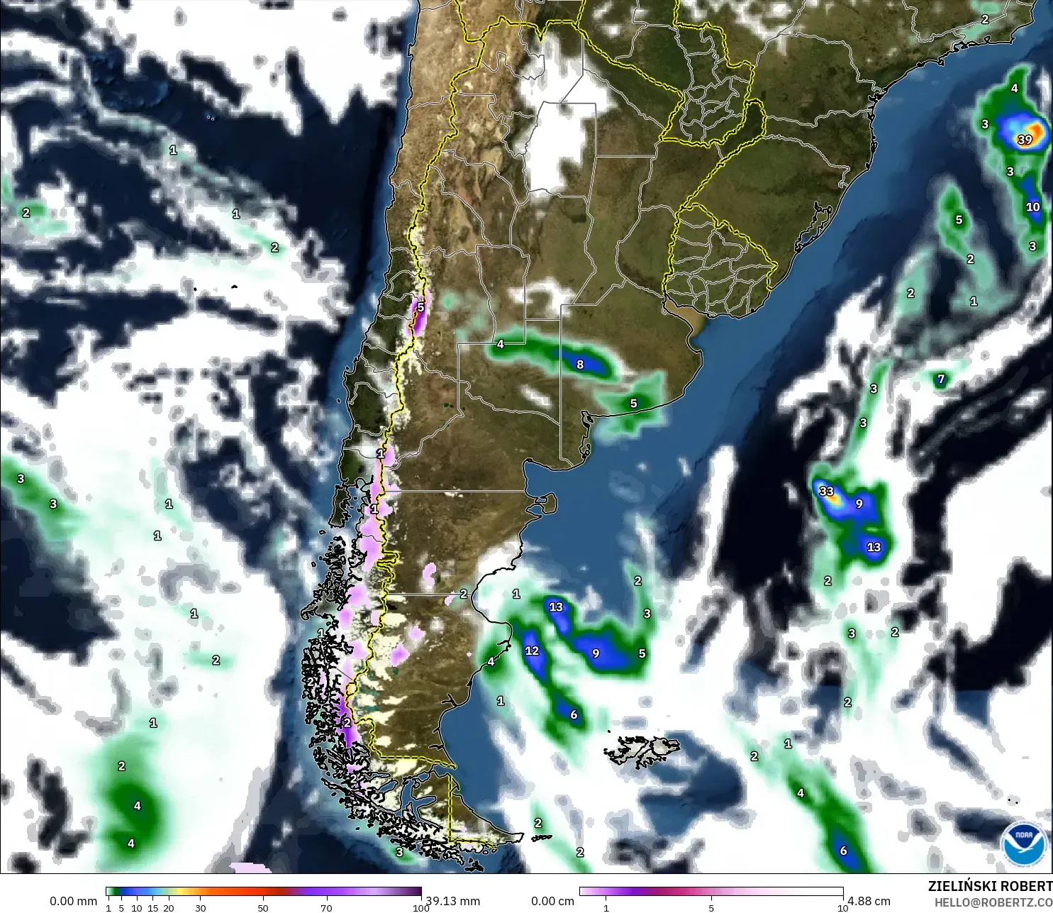 GFS modelo - Argentina, Precipitación, nubes y presión