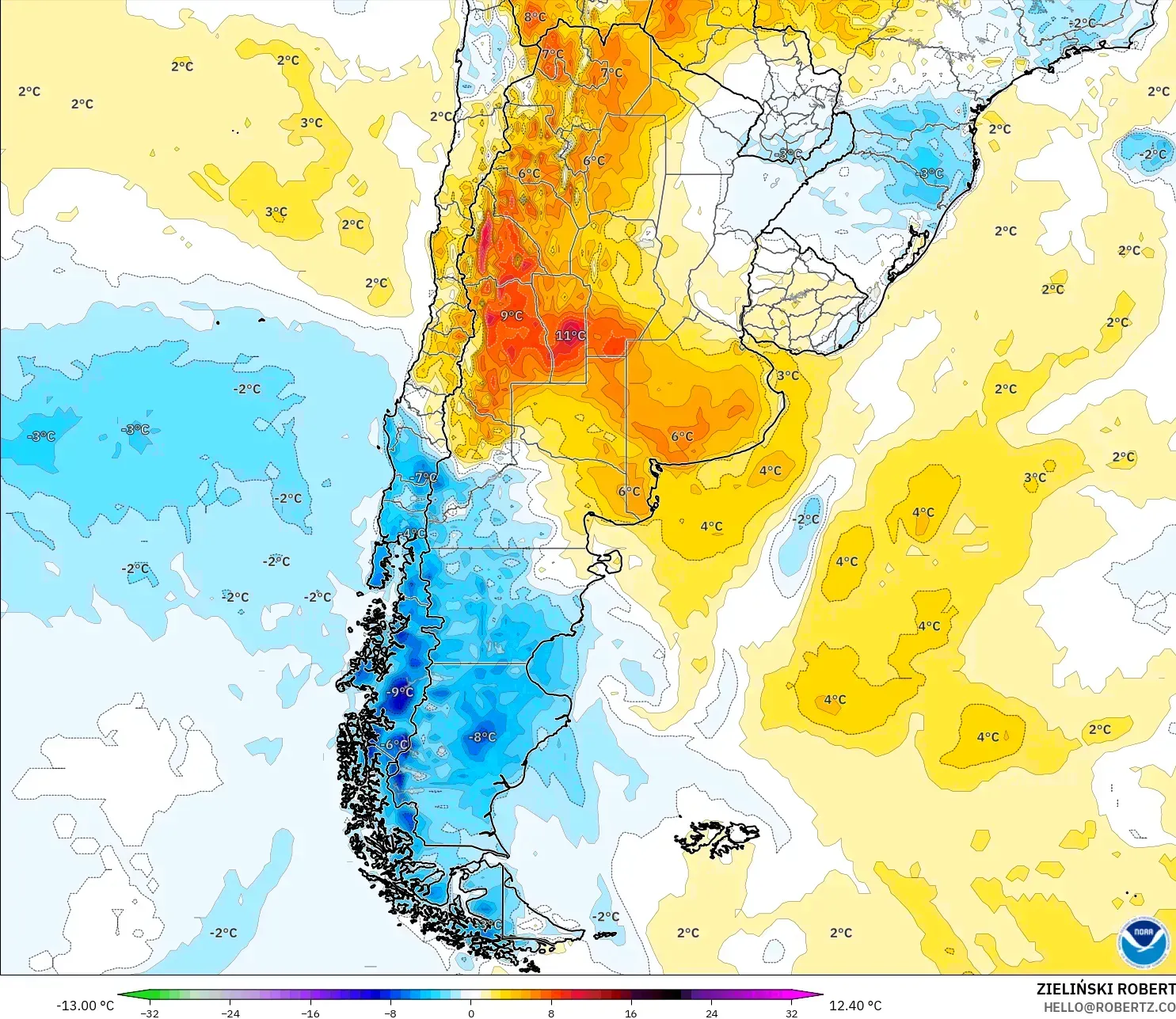 GFS modelo - Argentina, Anomalía de temperatura a 2 m