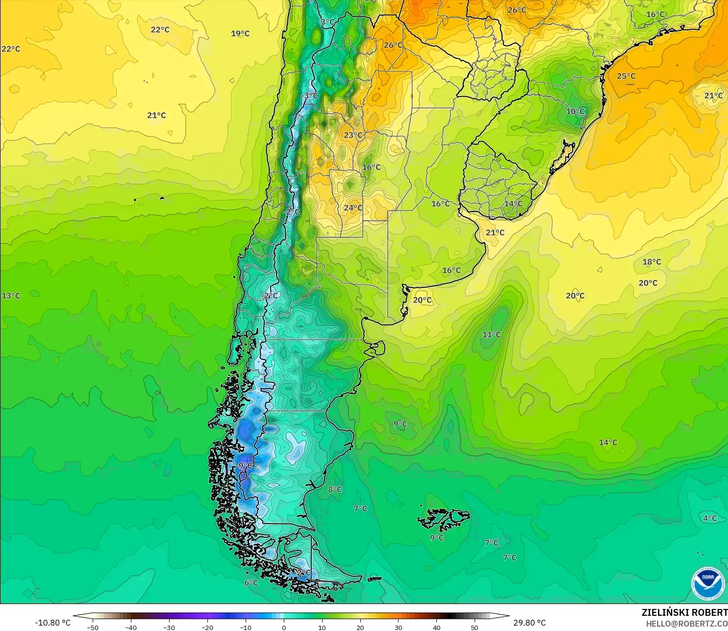 GFS modelo - Argentina, Temperatura a 2 m