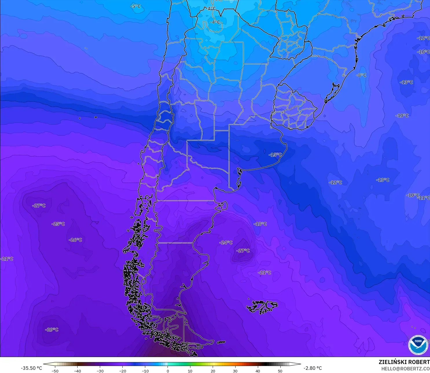 GFS modelo - Argentina, Temperatura a 500 hPa
