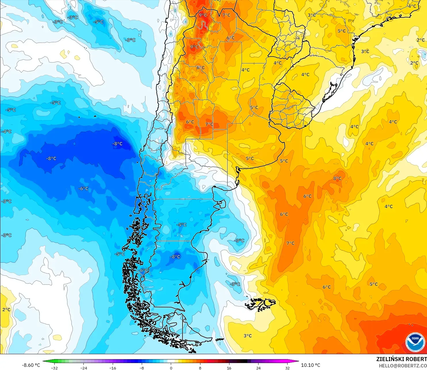 GFS modelo - Argentina, Anomalía de temperatura a 850 hPa