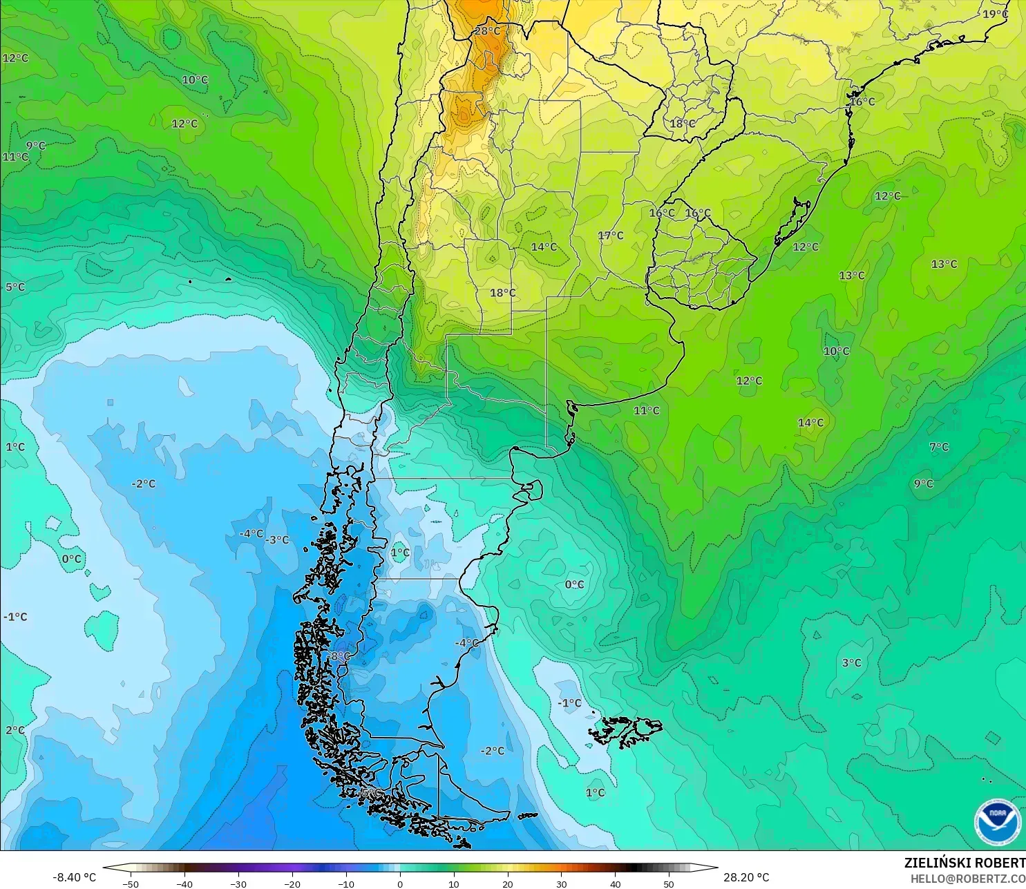 GFS modelo - Argentina, Temperatura a 850 hPa