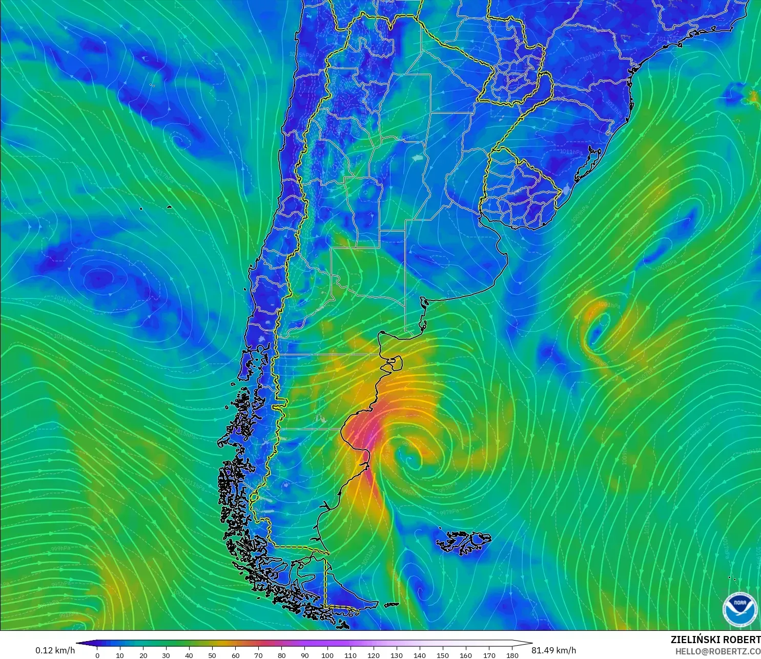 GFS modelo - Argentina, Viento a 10 m