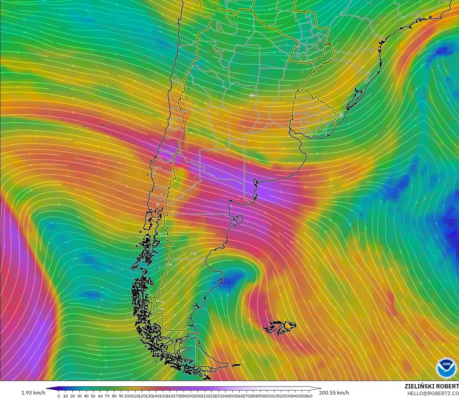 GFS modelo - Argentina, Viento a 300 hPa (corriente en chorro)
