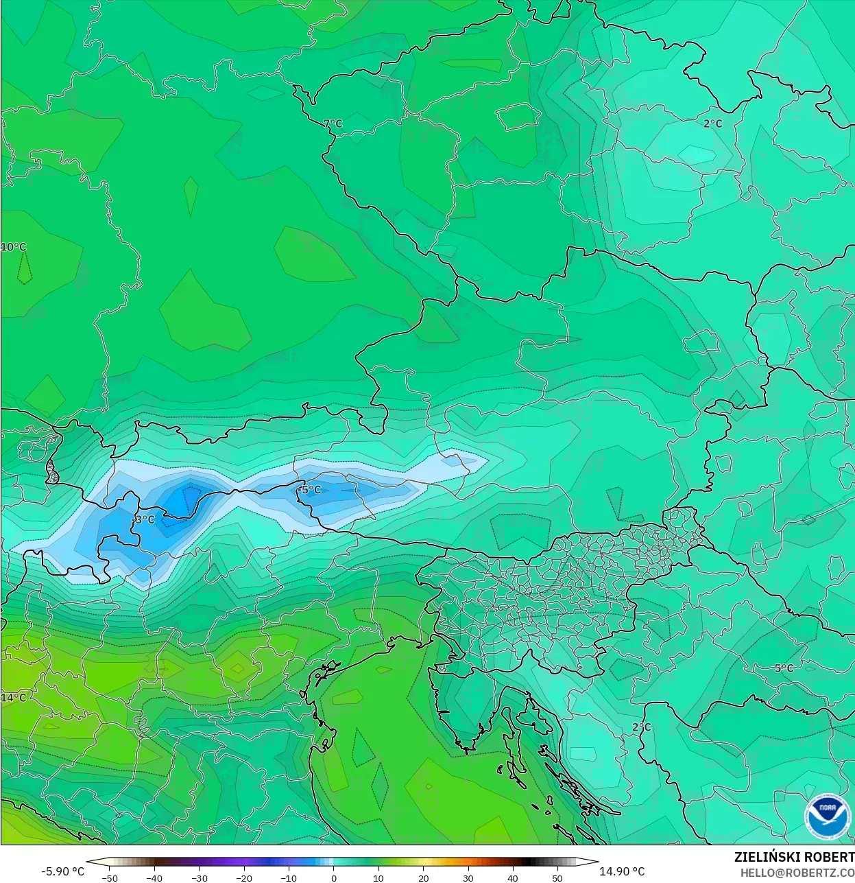 GFS modelo - Austria, Punto de rocío a 2 m