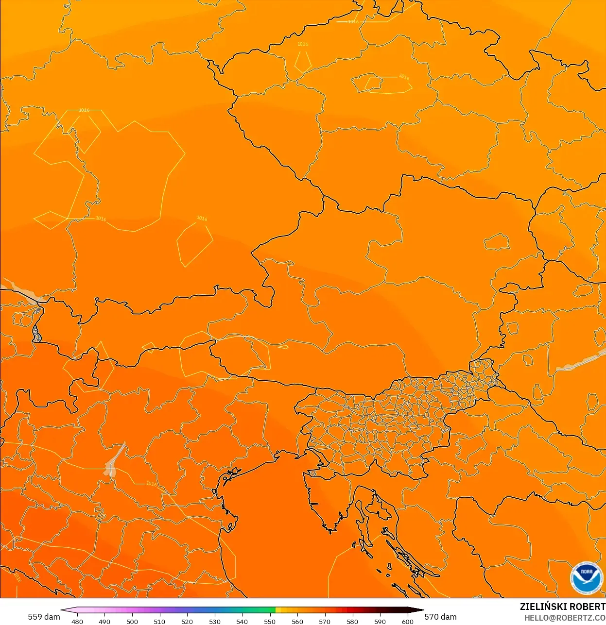 GFS modelo - Austria, Altura geopotencial a 500 hPa