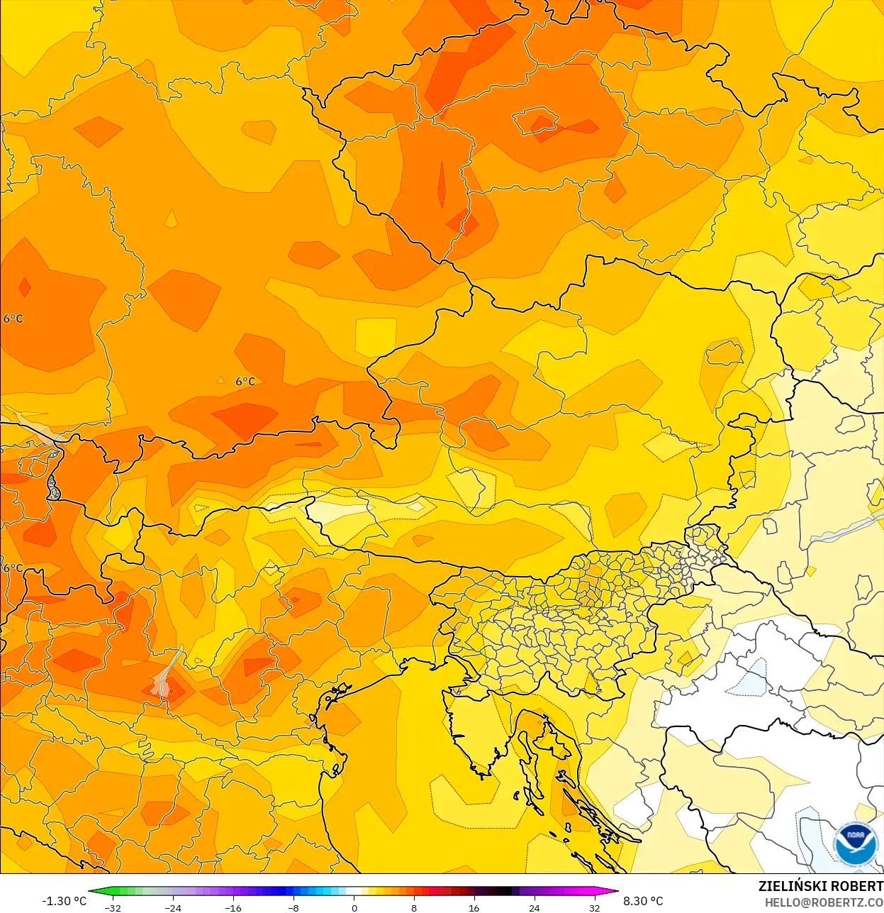 GFS modelo - Austria, Anomalía de temperatura a 2 m