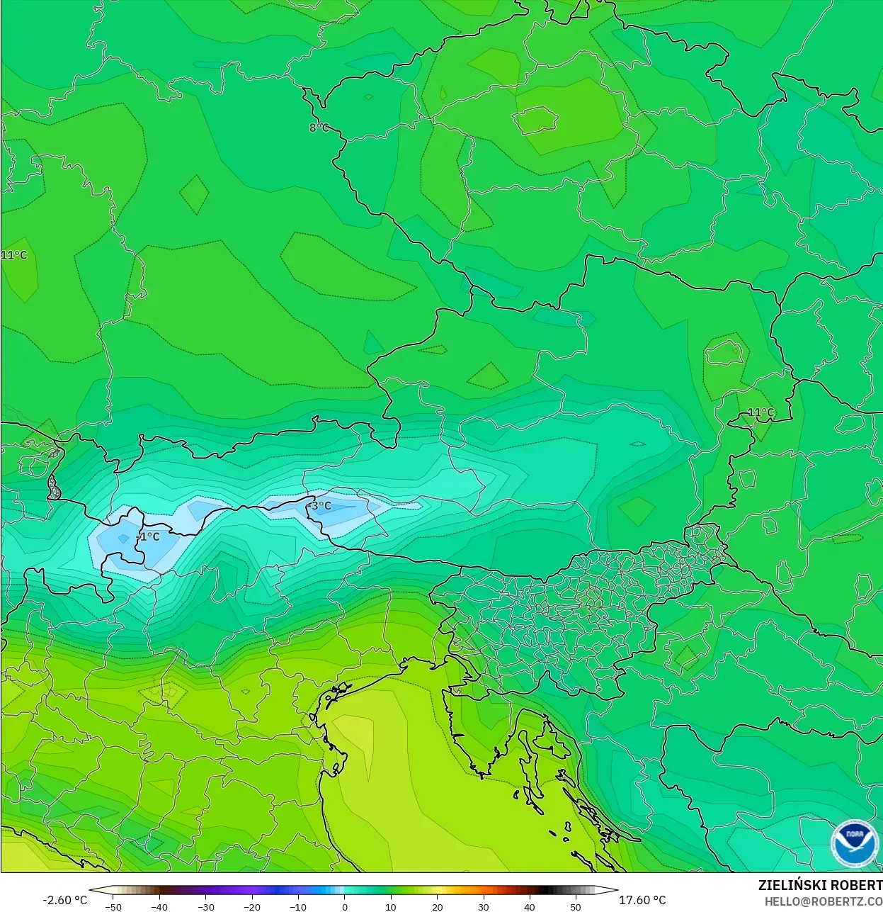 GFS modelo - Austria, Temperatura a 2 m