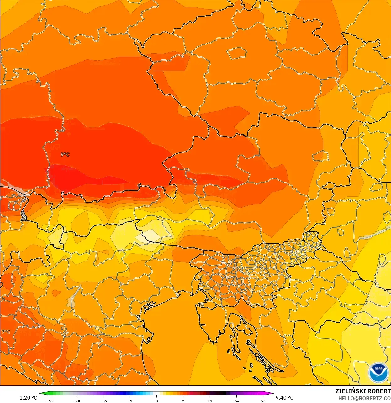 GFS modelo - Austria, Anomalía de temperatura a 850 hPa