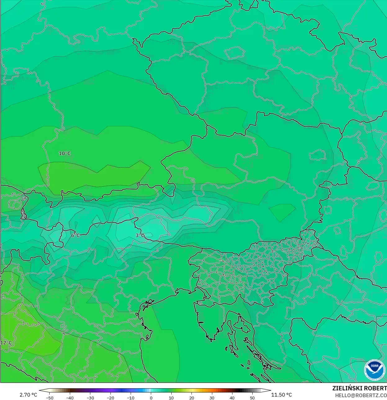 GFS modelo - Austria, Temperatura a 850 hPa