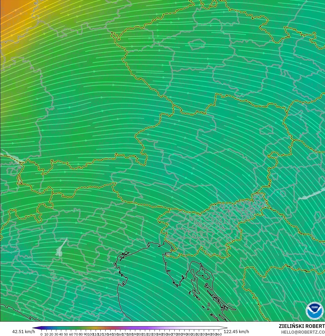 GFS modelo - Austria, Viento a 300 hPa (corriente en chorro)