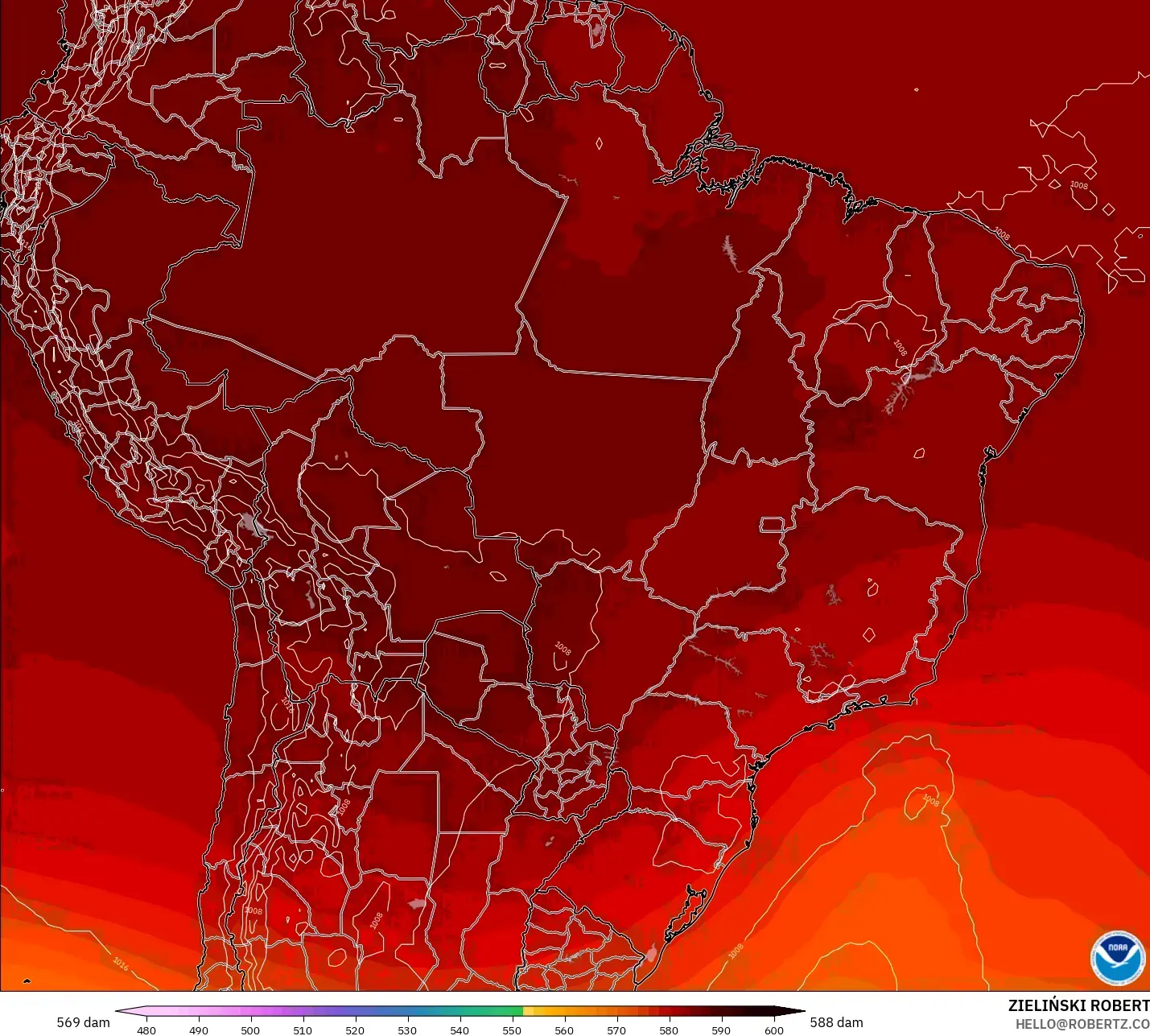 GFS modelo - Brasil, Altura geopotencial a 500 hPa