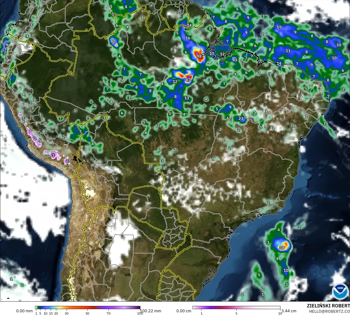 GFS modelo - Brasil, Precipitación, nubes y presión