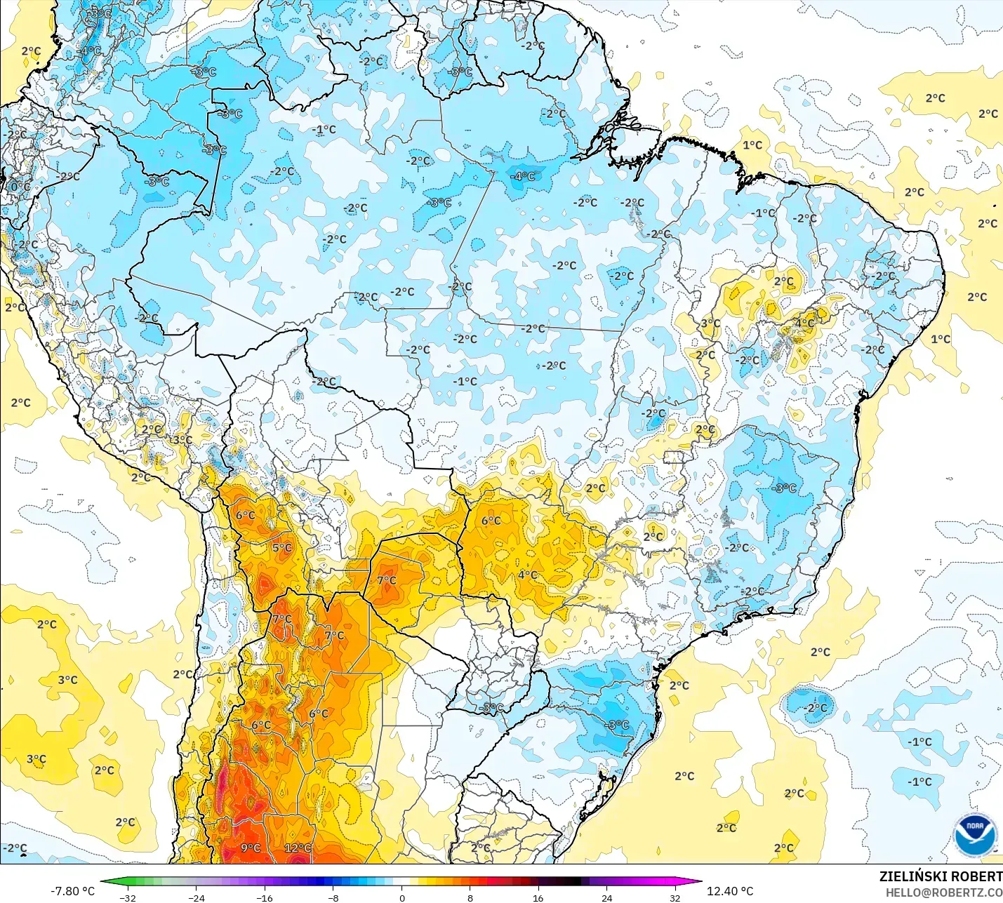 GFS modelo - Brasil, Anomalía de temperatura a 2 m