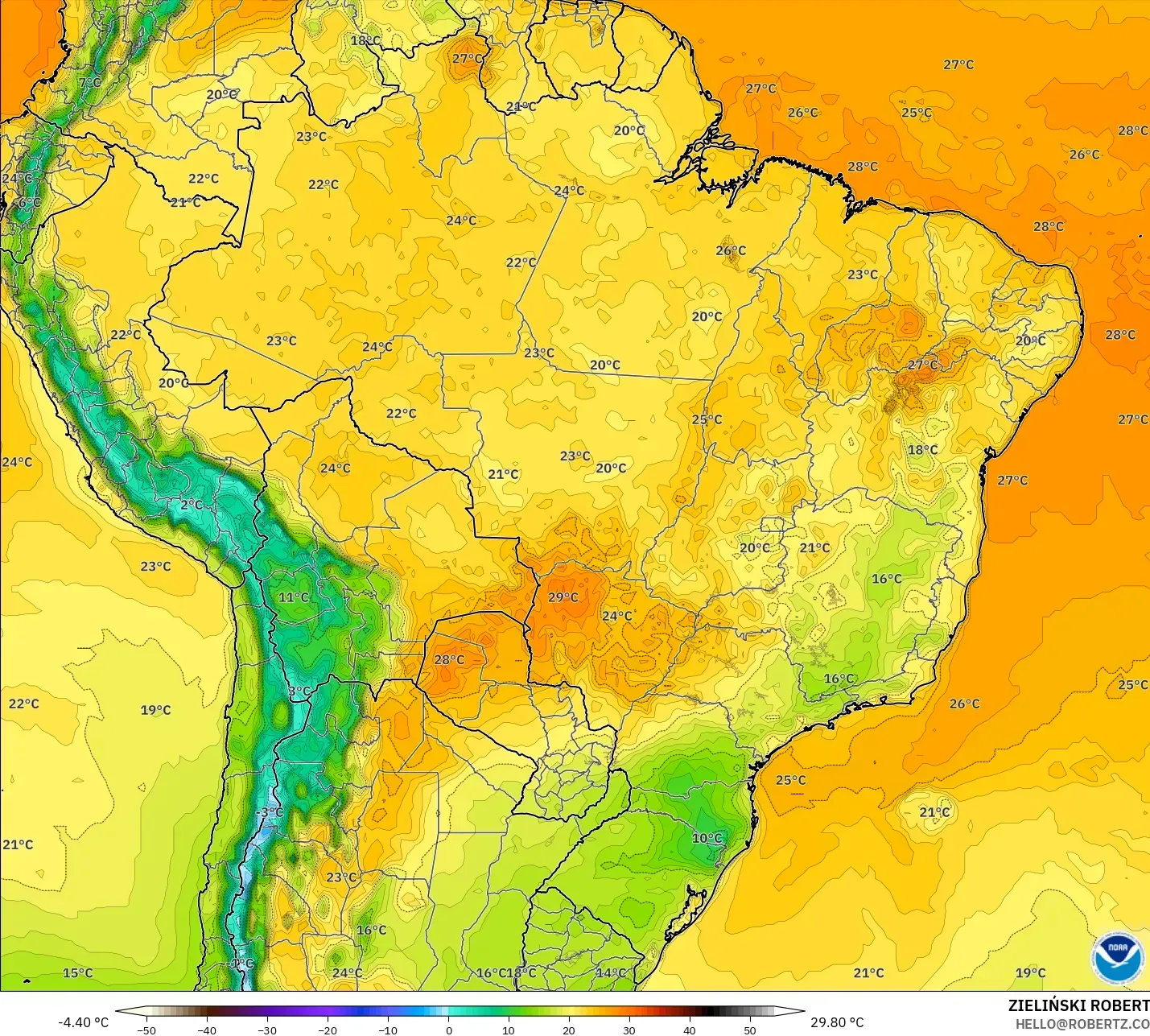 GFS modelo - Brasil, Temperatura a 2 m